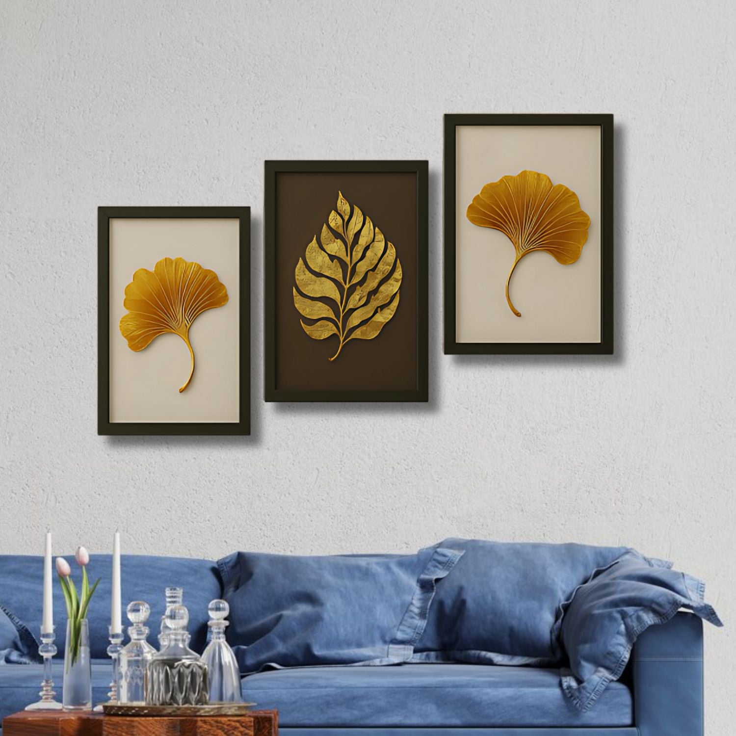 Luxury Gold Leaf Wall Art Set - 3 Framed Metallic Botanical Prints
