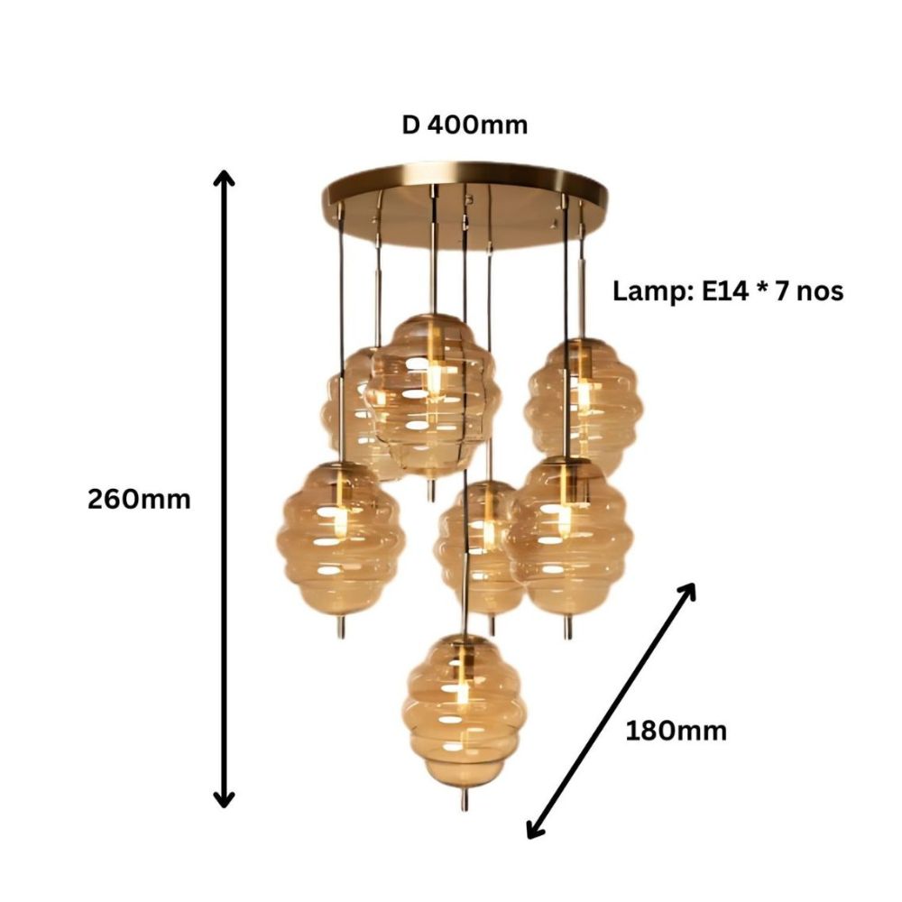 Elegant Modern Ceiling Light - Antique Gold With Amber/Smoke Grey Glass Chandelier