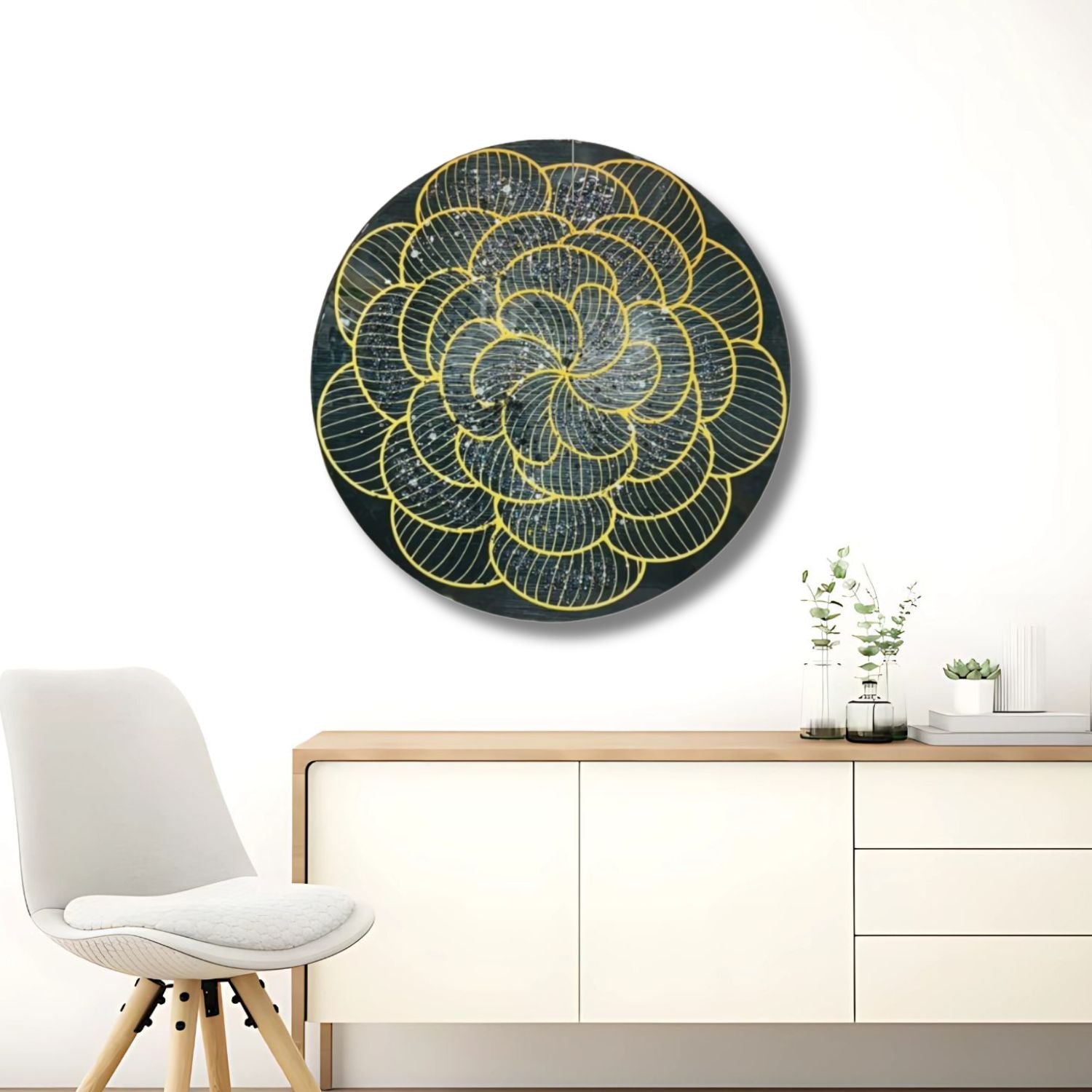 Modern Geometric Round Wall Art With Golden Floral Design