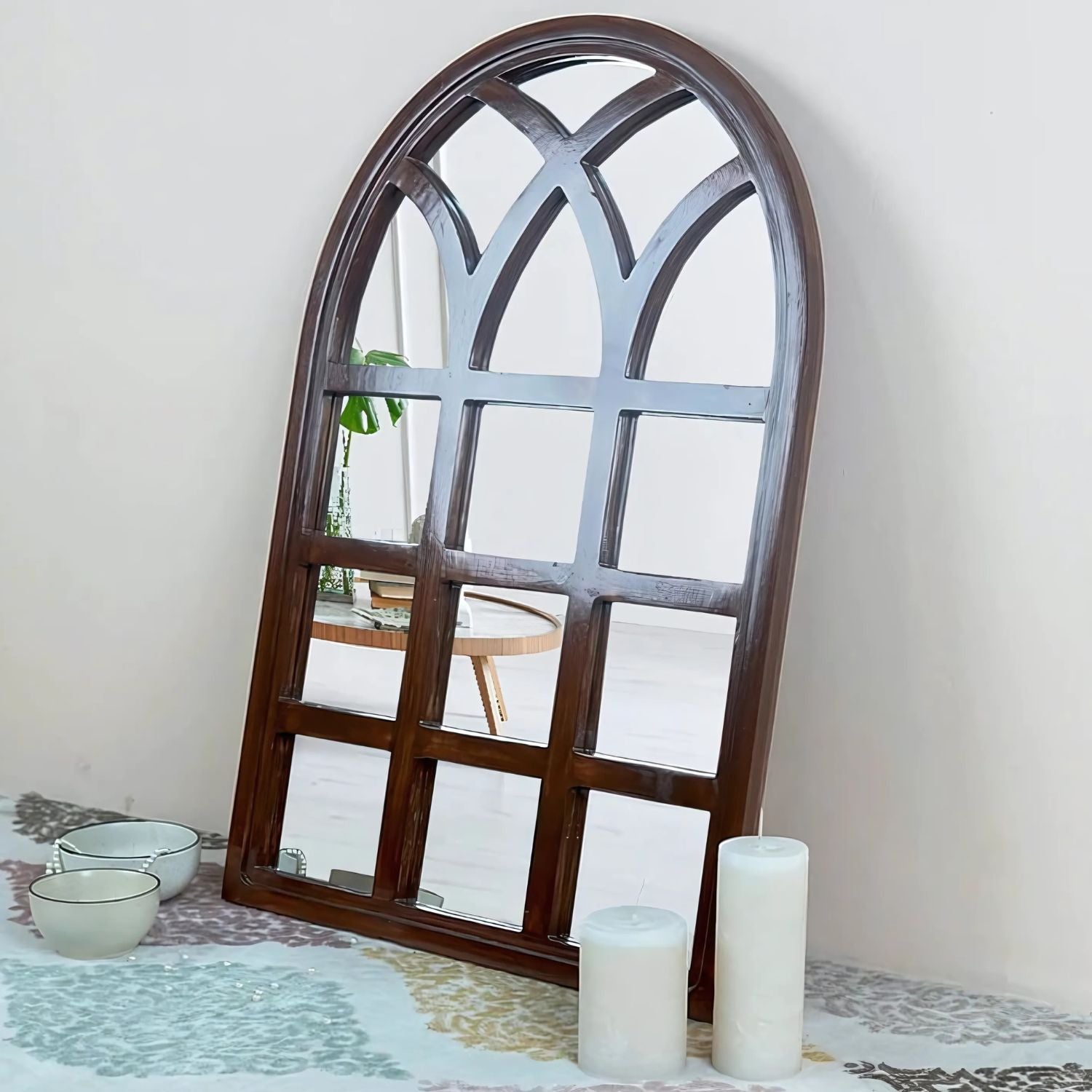 Arched Wooden Wall Mirror - Classic Decorative Accent For Home Interiors