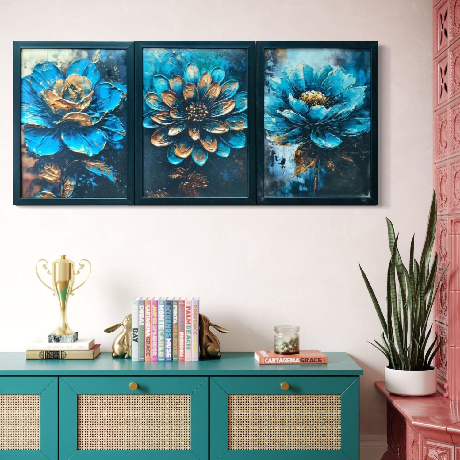 Beautiful Modern Bold Blue and Gold Floral Canvas Wall Art Set of 3