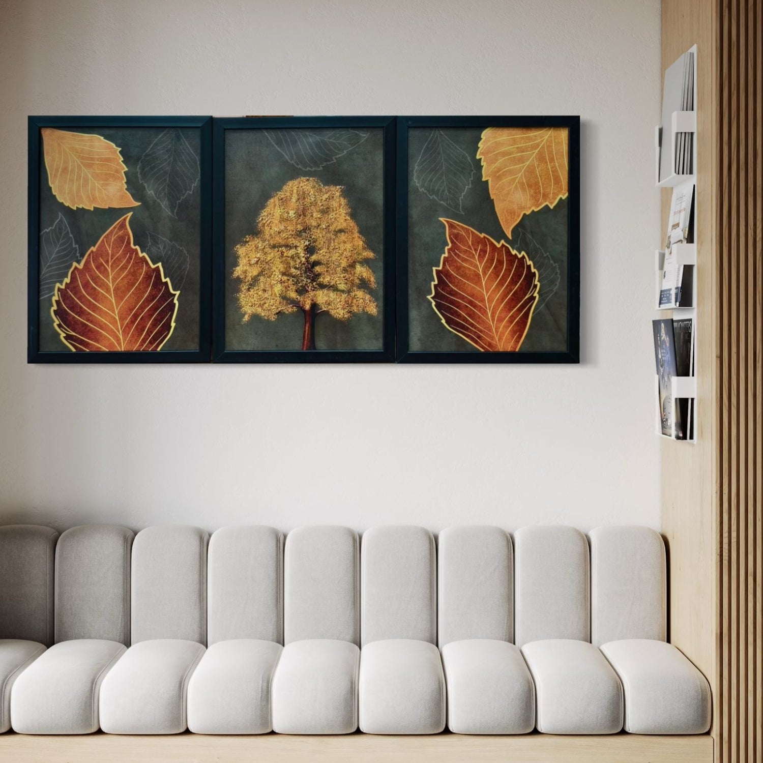 Autumn Golden Leaf Wall Art Set - 3 Framed Botanical Nature Prints