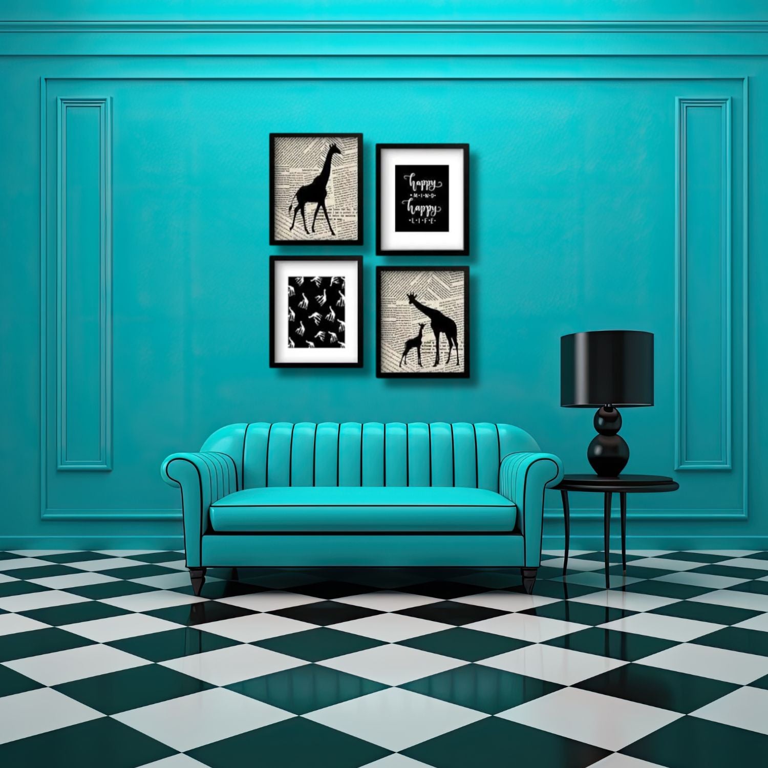 Inspirational Giraffe Silhouette Wall Art Set Featuring Happy Mind & Happy Life