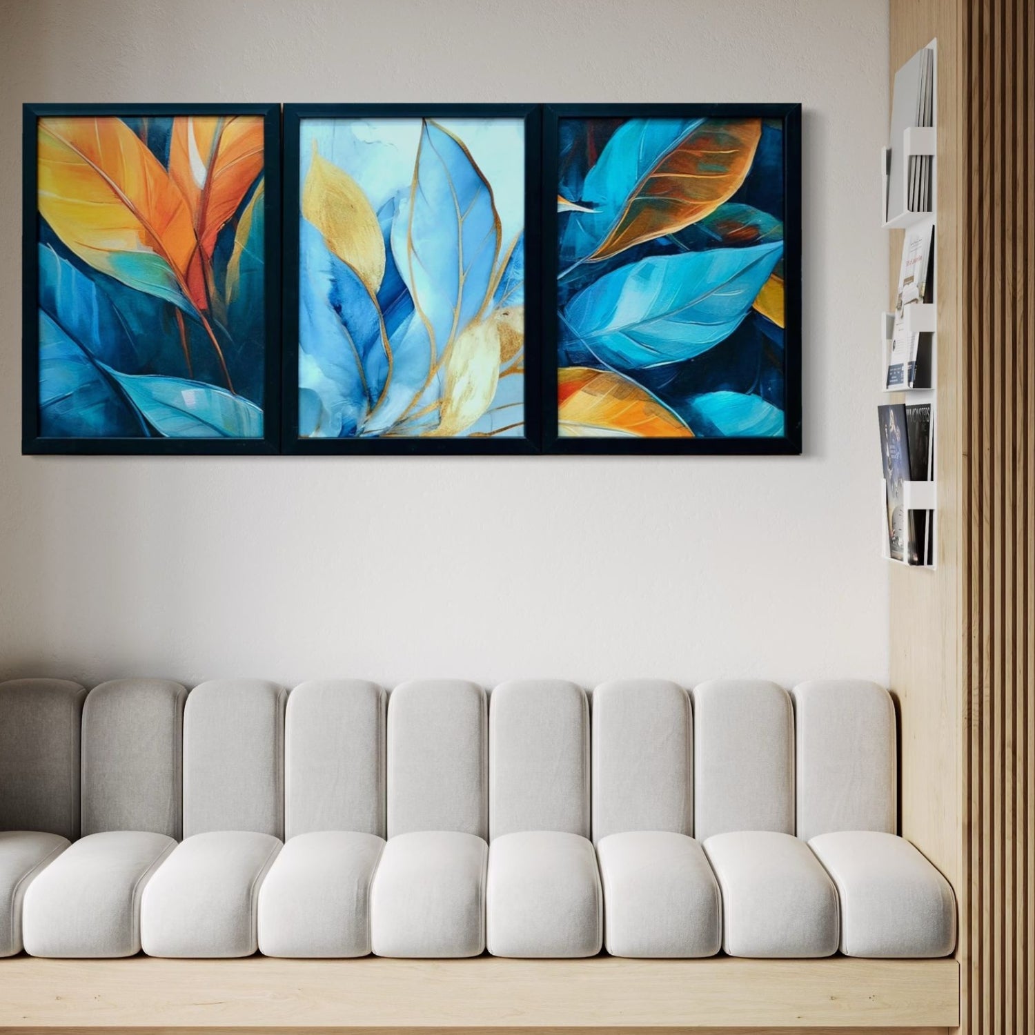 Modern Botanical Leaf Wall Art Set - 3 Framed Blue and Gold Prints
