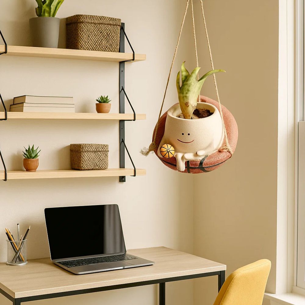 Bouncy Bloom Hanging Basket Planter With Cute Basketball Design
