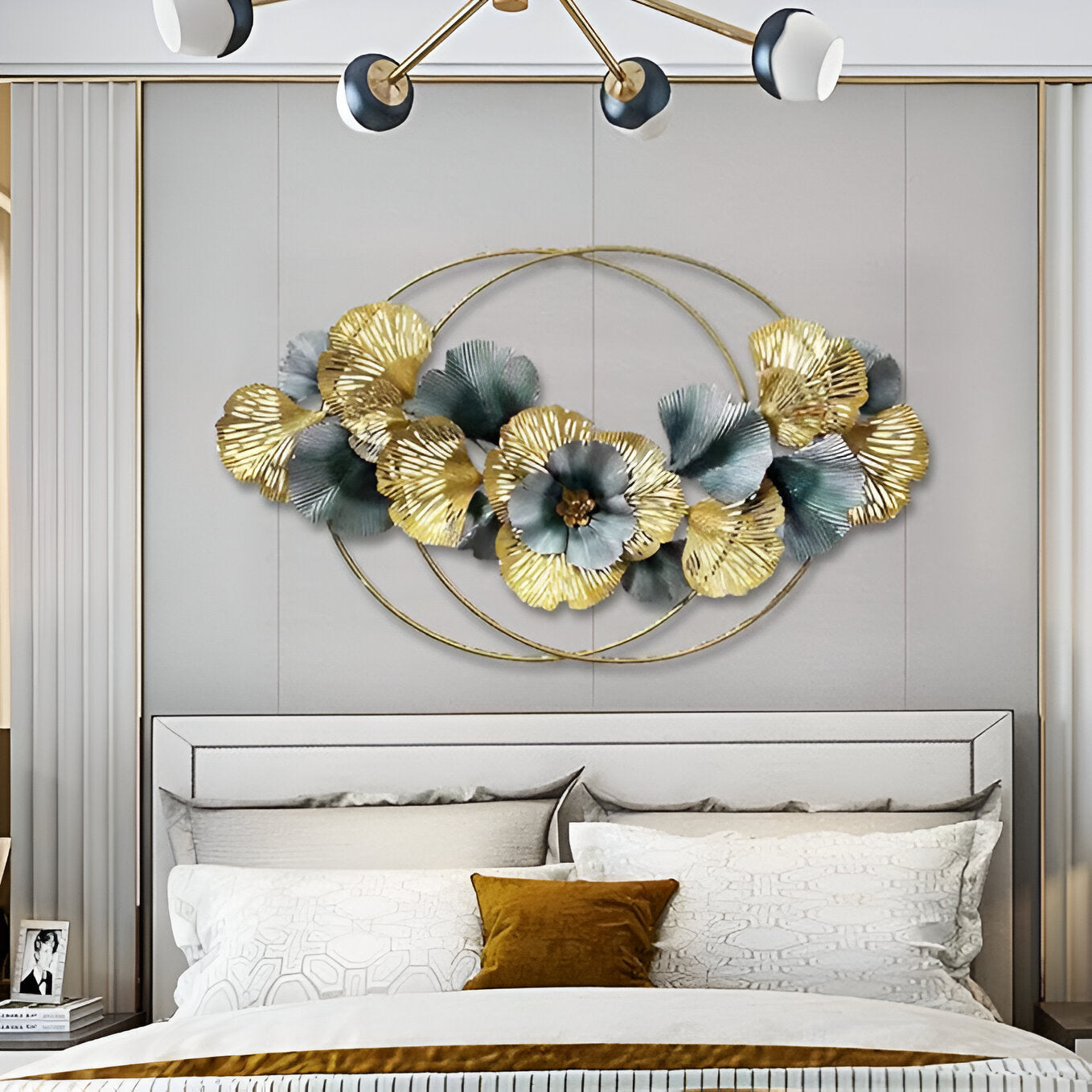Luxury Floral Metal Wall Art – Gold & Teal Bloom Design