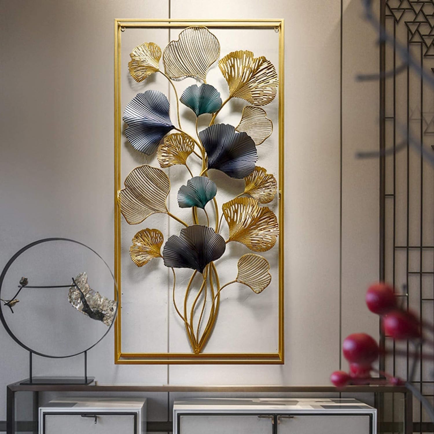 Luxury 3D Metal Wall Art – Gold & Blue Ginkgo Leaves