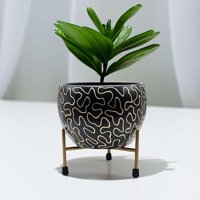 Elegant Black & Gold Decorative Planter with Metal Stand