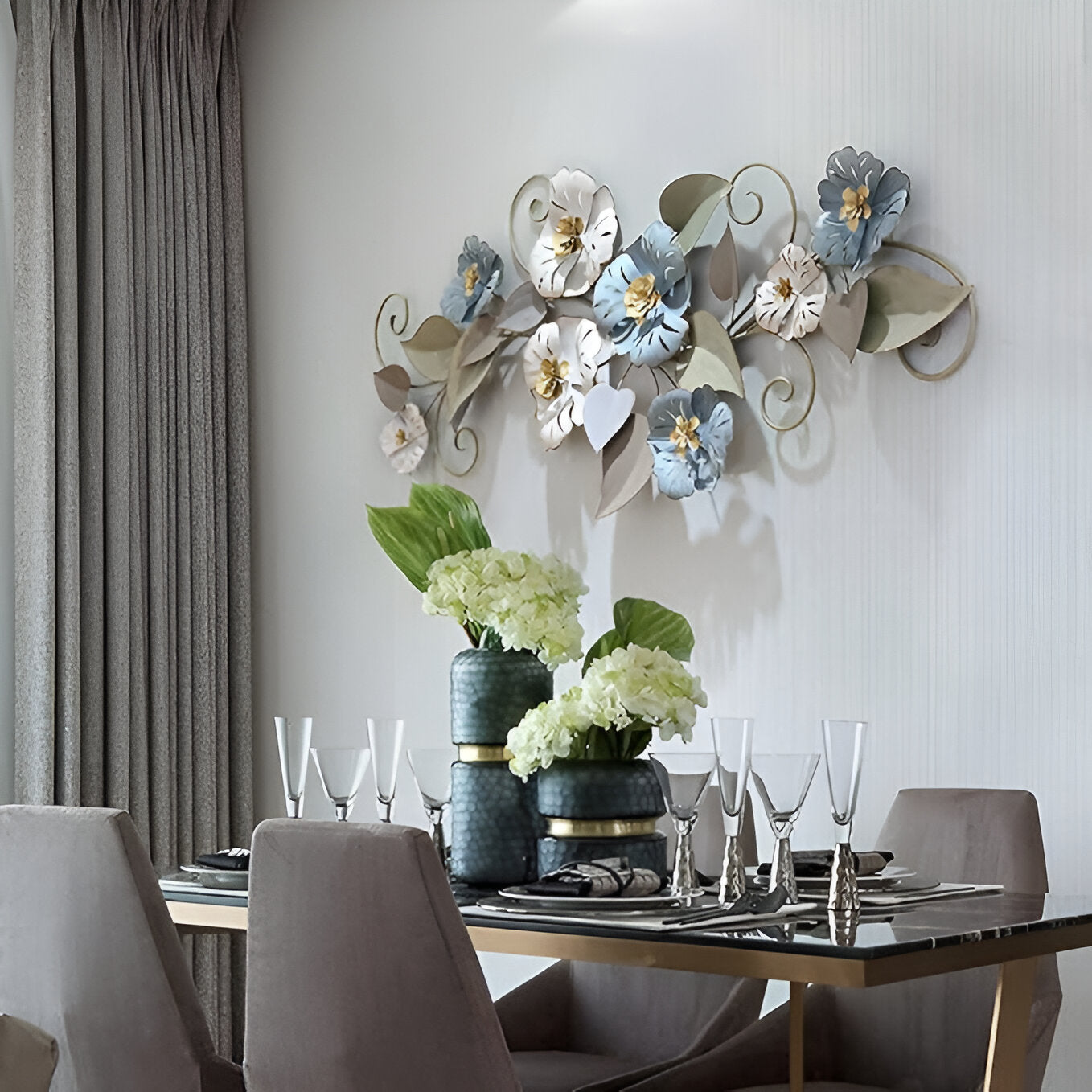 Elegant 3D Metal Floral Wall Art – Blue & Gold Flowers