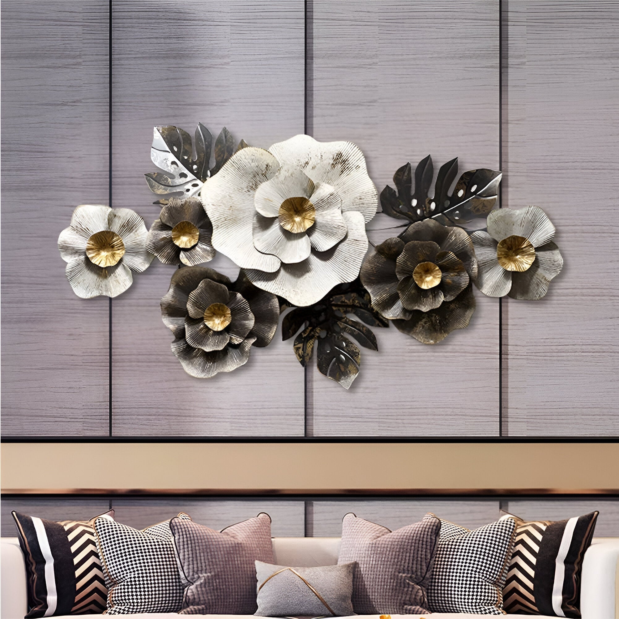 Luxury 3D Metal Wall Art – Black & White Floral Elegance