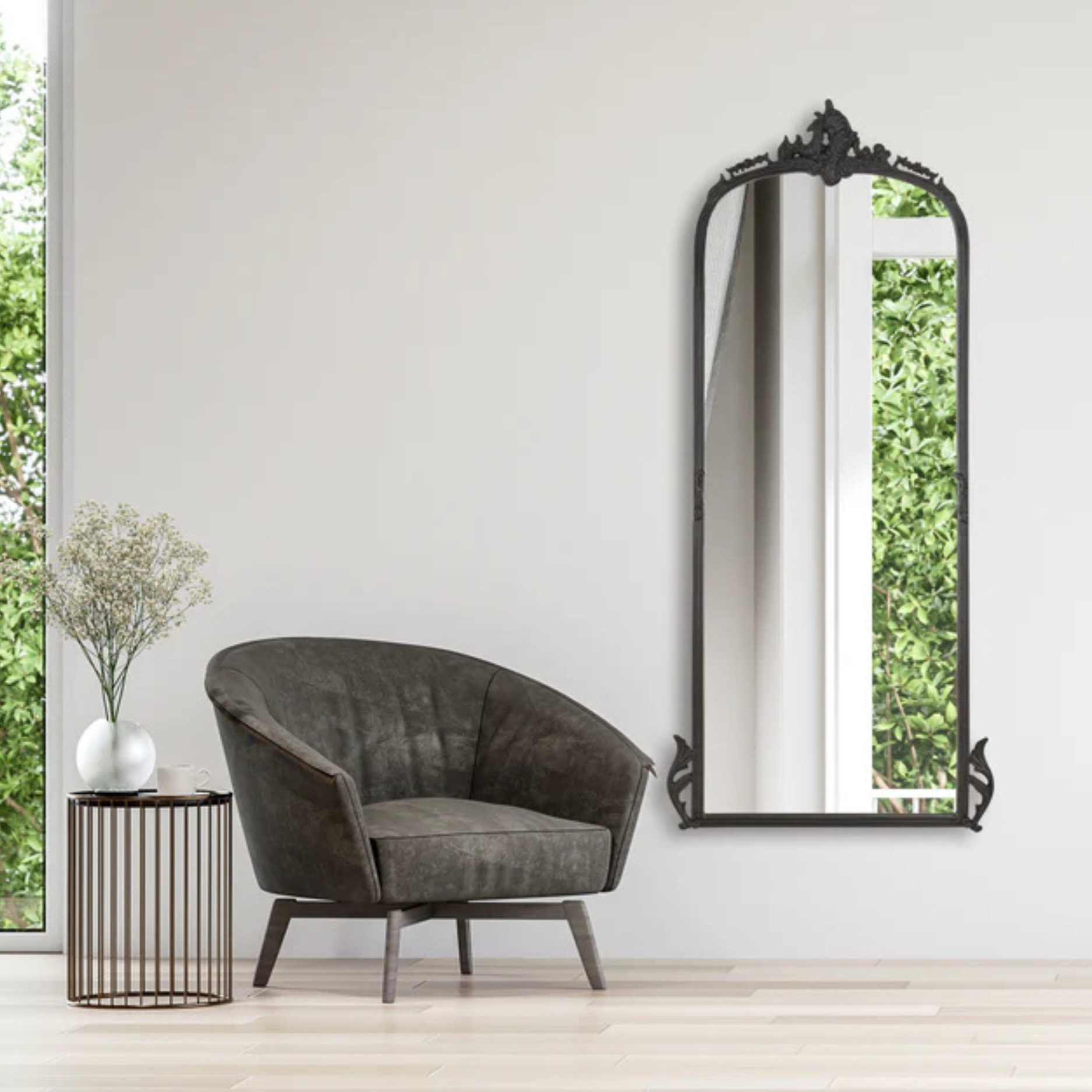 Elegant Victorian Arched Full-Length Wall Mirror with Ornate Detailing