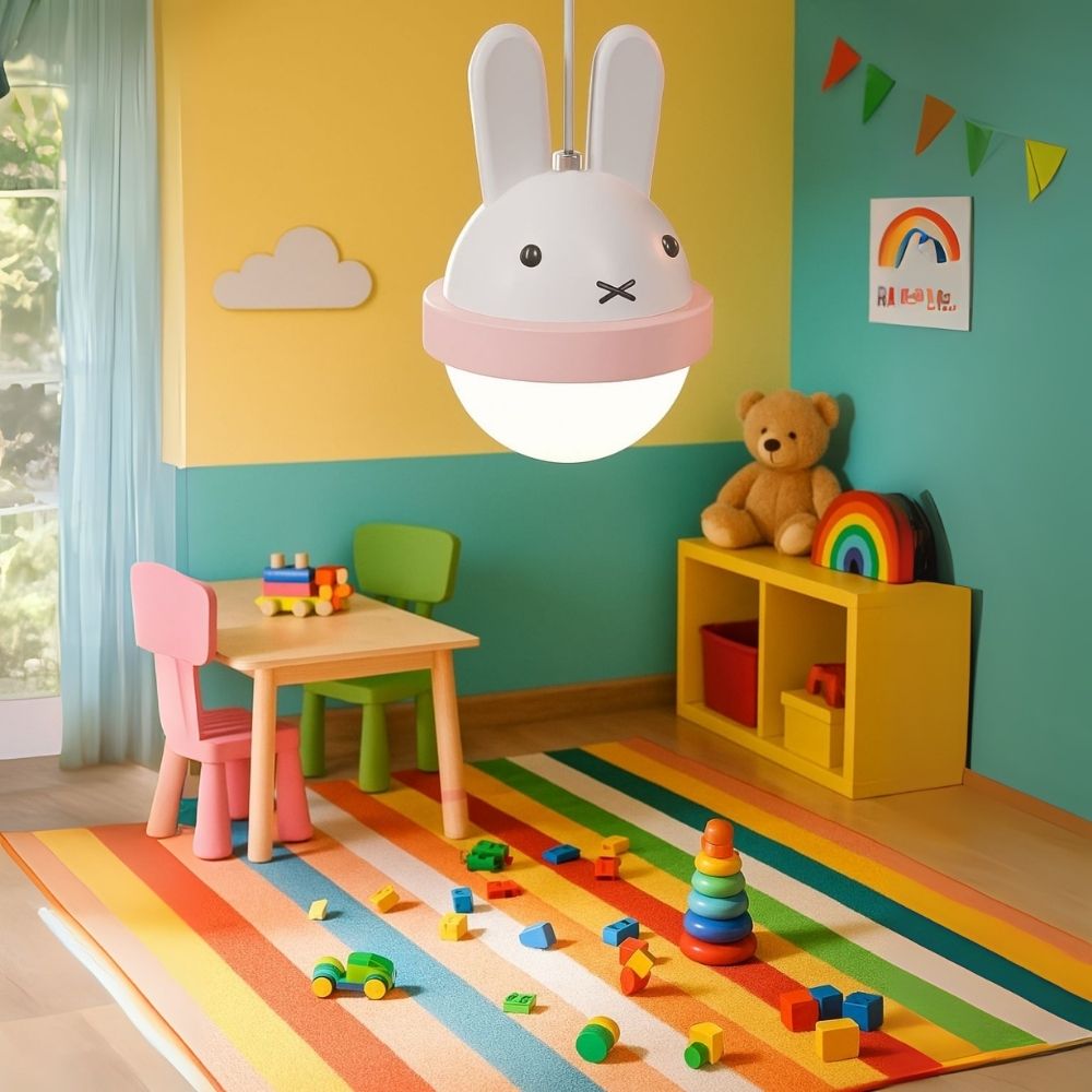 Adorable Bunny & Bear Pendant Light - White & Blue/Pink LED Kids Room Lamp