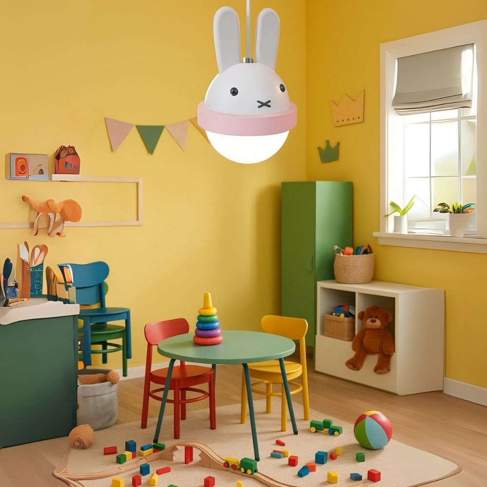 Adorable Bunny & Bear Pendant Light - White & Blue/Pink LED Kids Room Lamp