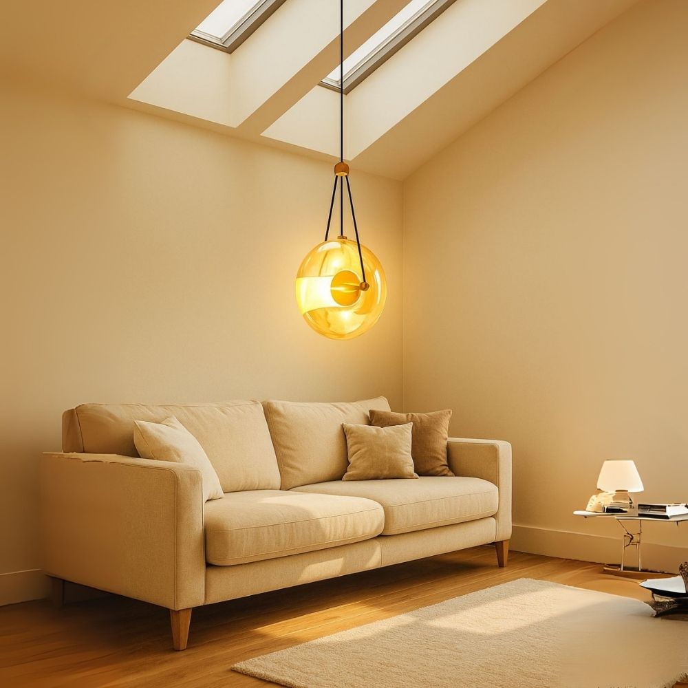 Modern Pearl Black Pendant Light With Smoke Grey and Amber Glass Globe