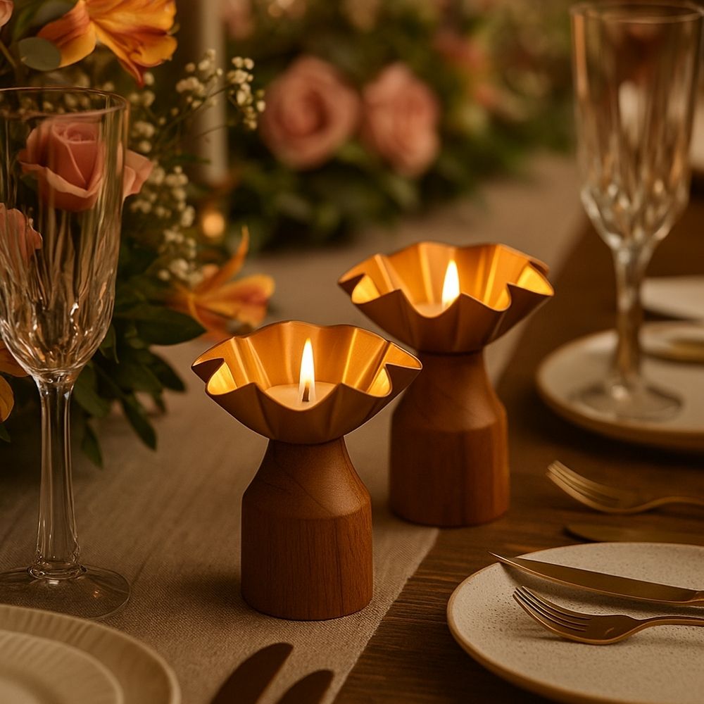 Rustic Bloom Wooden Tealight Holders With Golden Flower Design - Set of 2