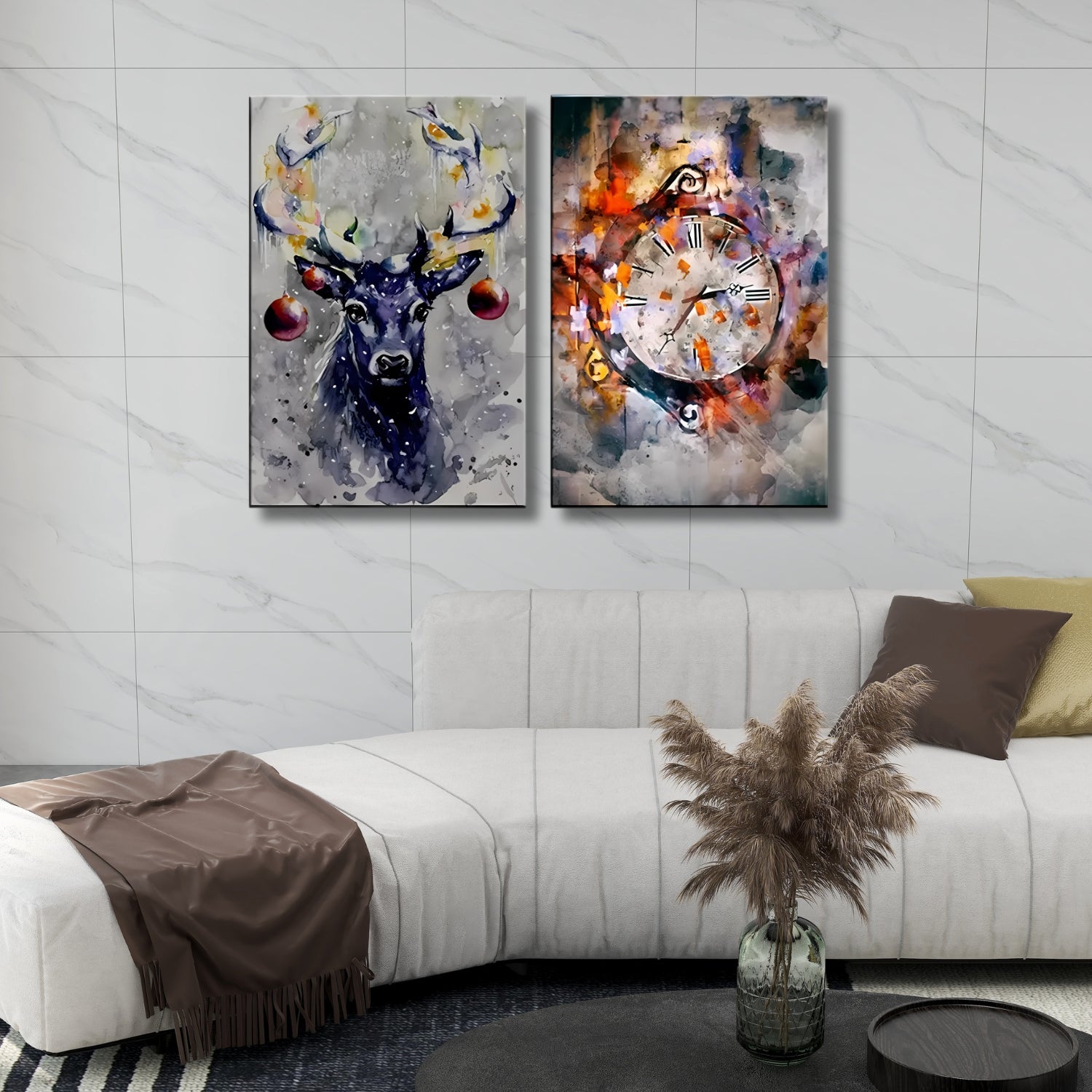 Vibrant Deer and Clock Abstract Wall Art Set on Canvas Frame
