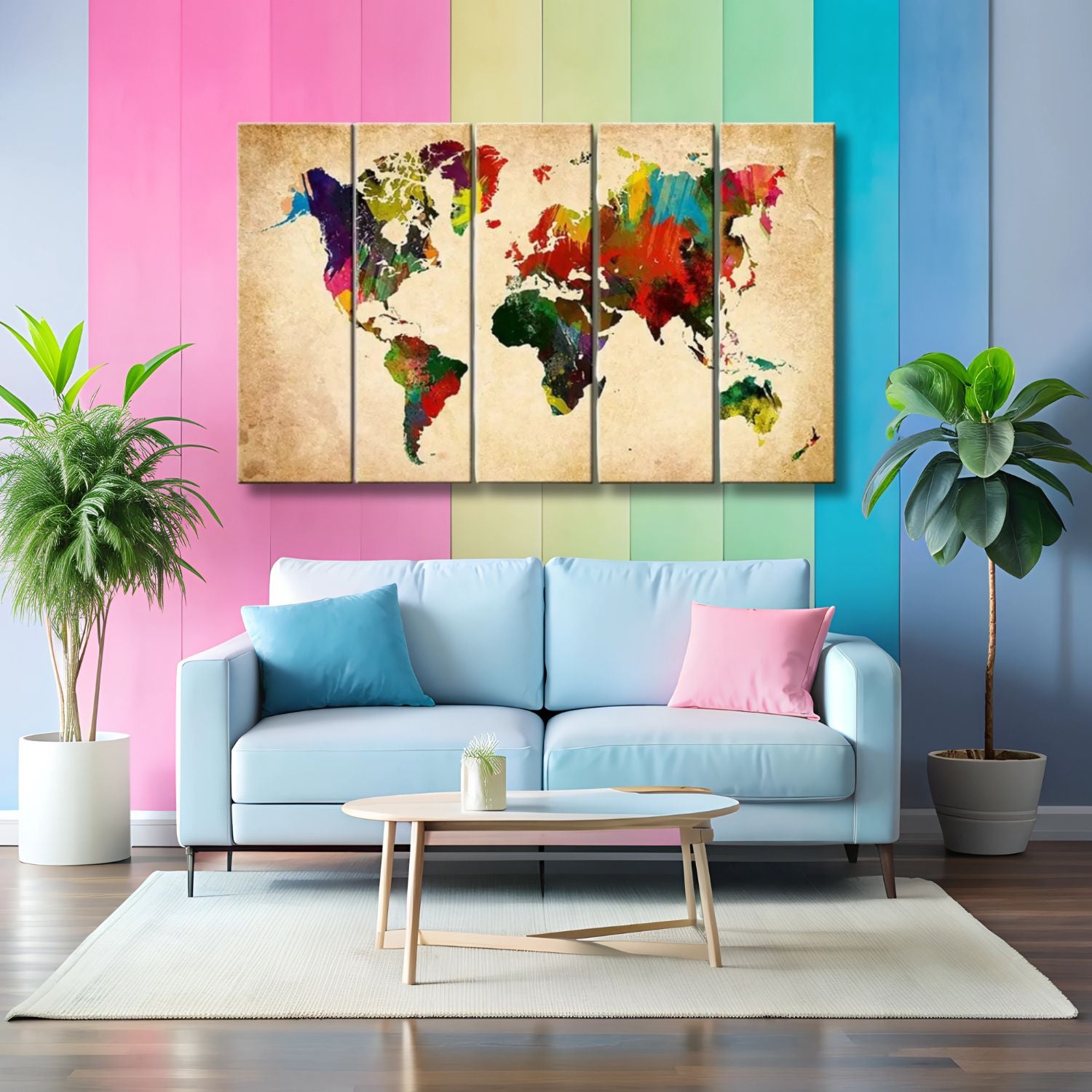 Elegant Colorful World Map Canvas Wall Art With Wooden Panels