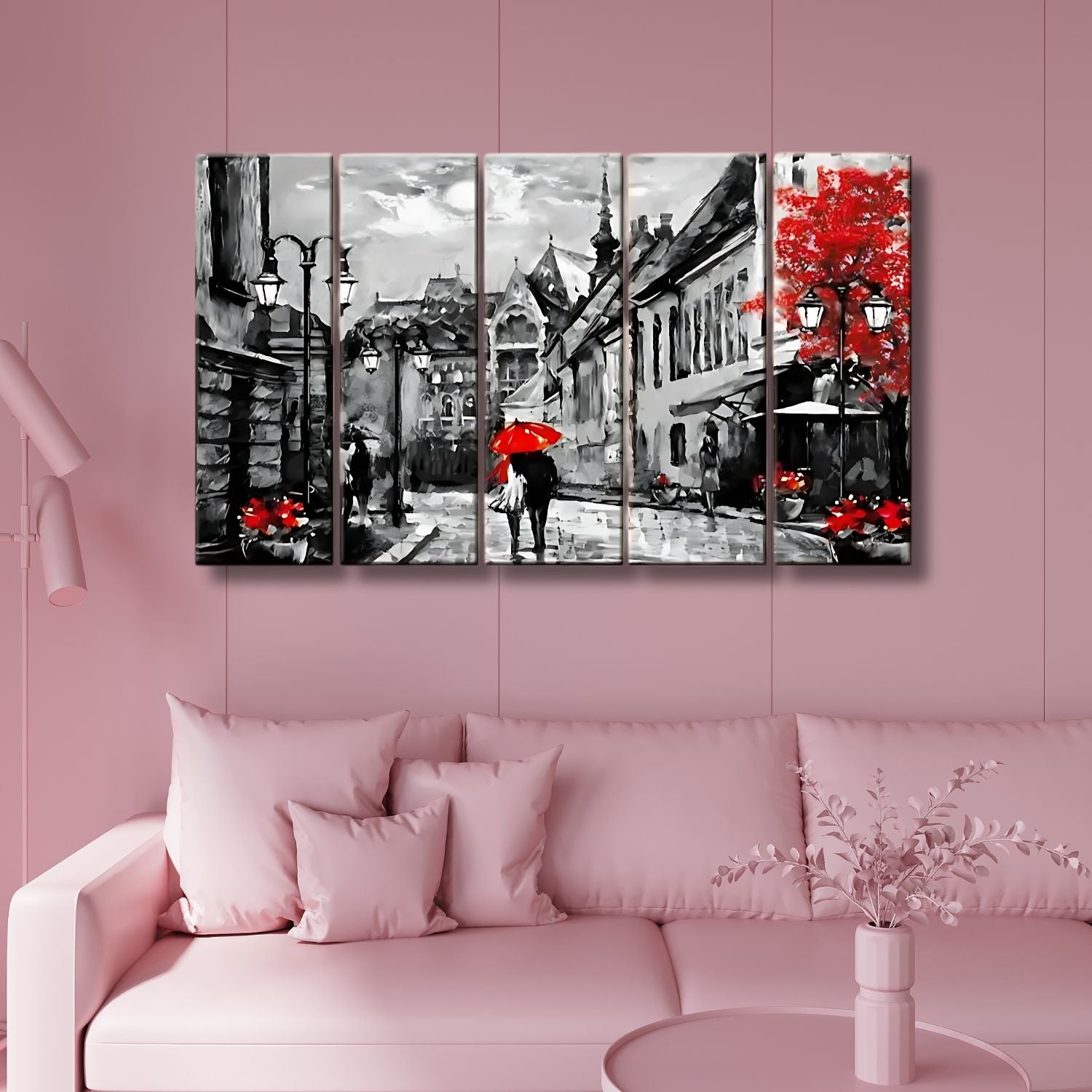 Romantic Couple Red Umbrella Cityscape Canvas Wall Art
