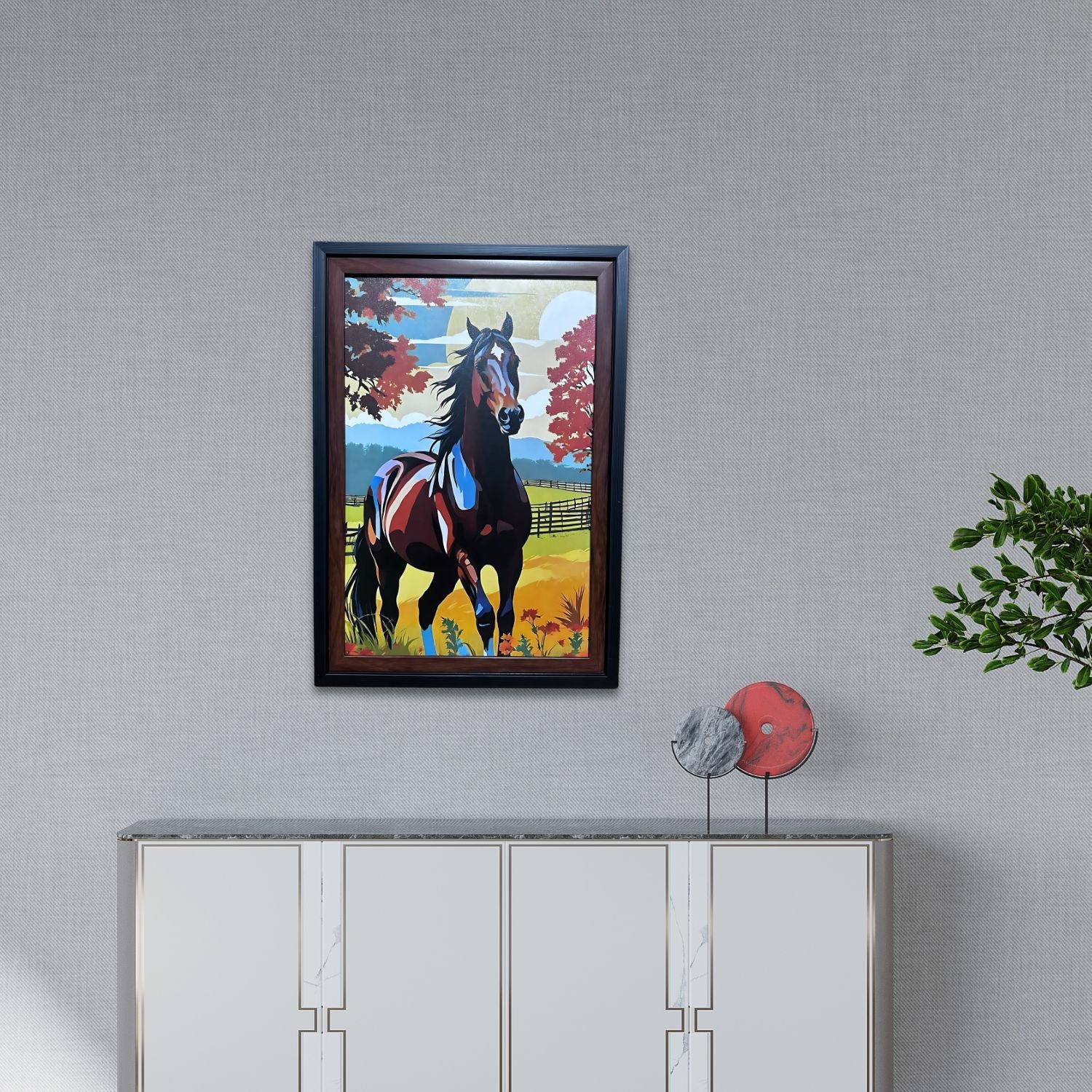 Majestic Horse in Autumn Field - Colorful Framed Farmhouse Wall Art Print