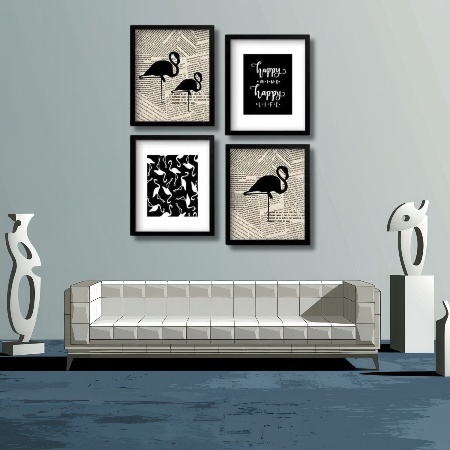 Elegant Black Flamingo and Quote Wall Frame Set for Modern Decor