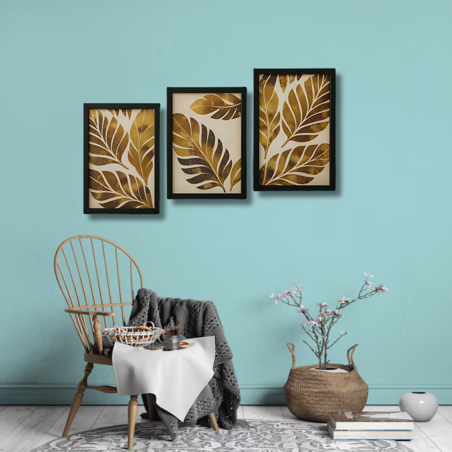 Abstract Golden Leaf Wall Art Set - 3 Framed Botanical Prints for Decor