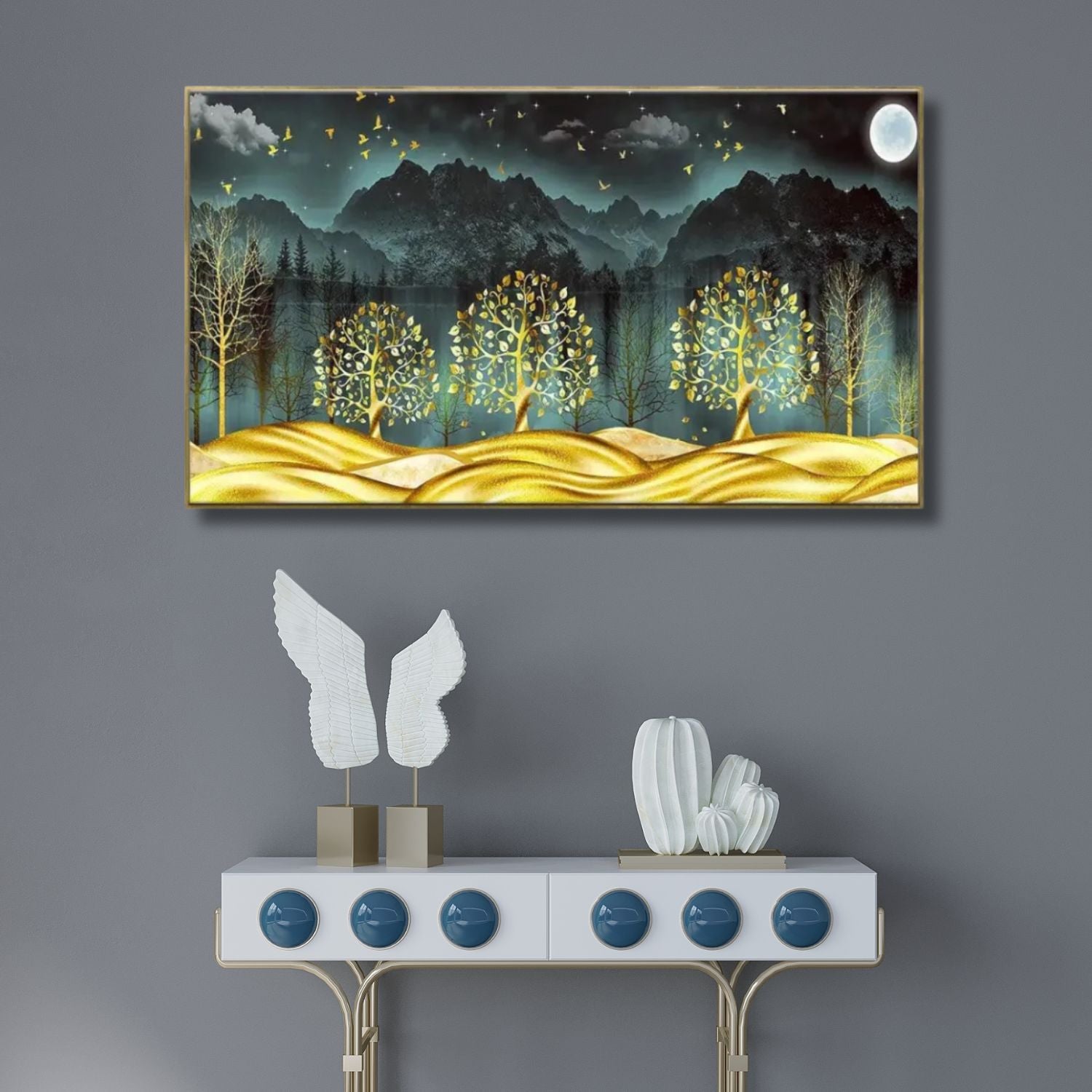 Golden Trees Under Moonlit Mountains Scenic Canvas Wall Art
