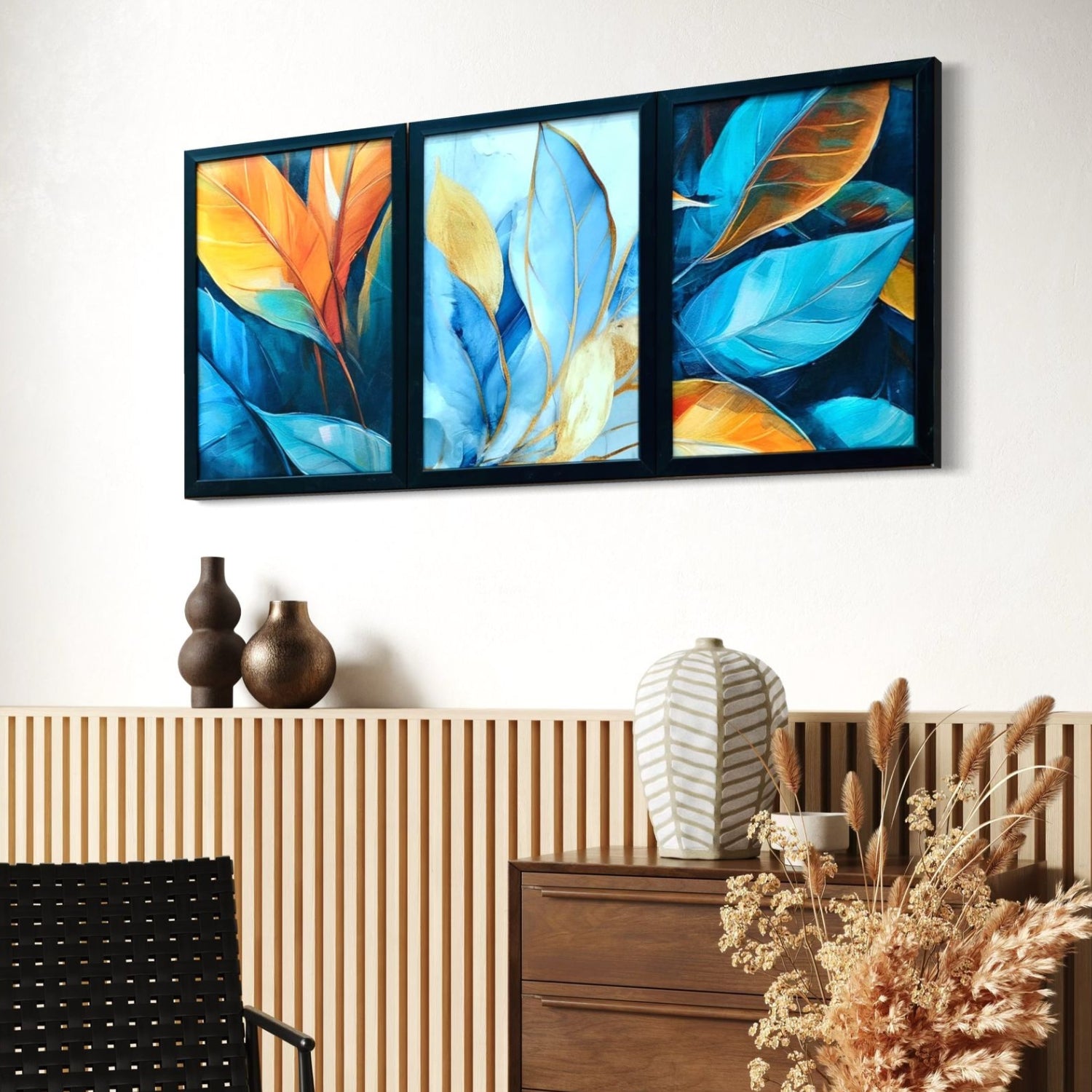 Modern Botanical Leaf Wall Art Set - 3 Framed Blue and Gold Prints