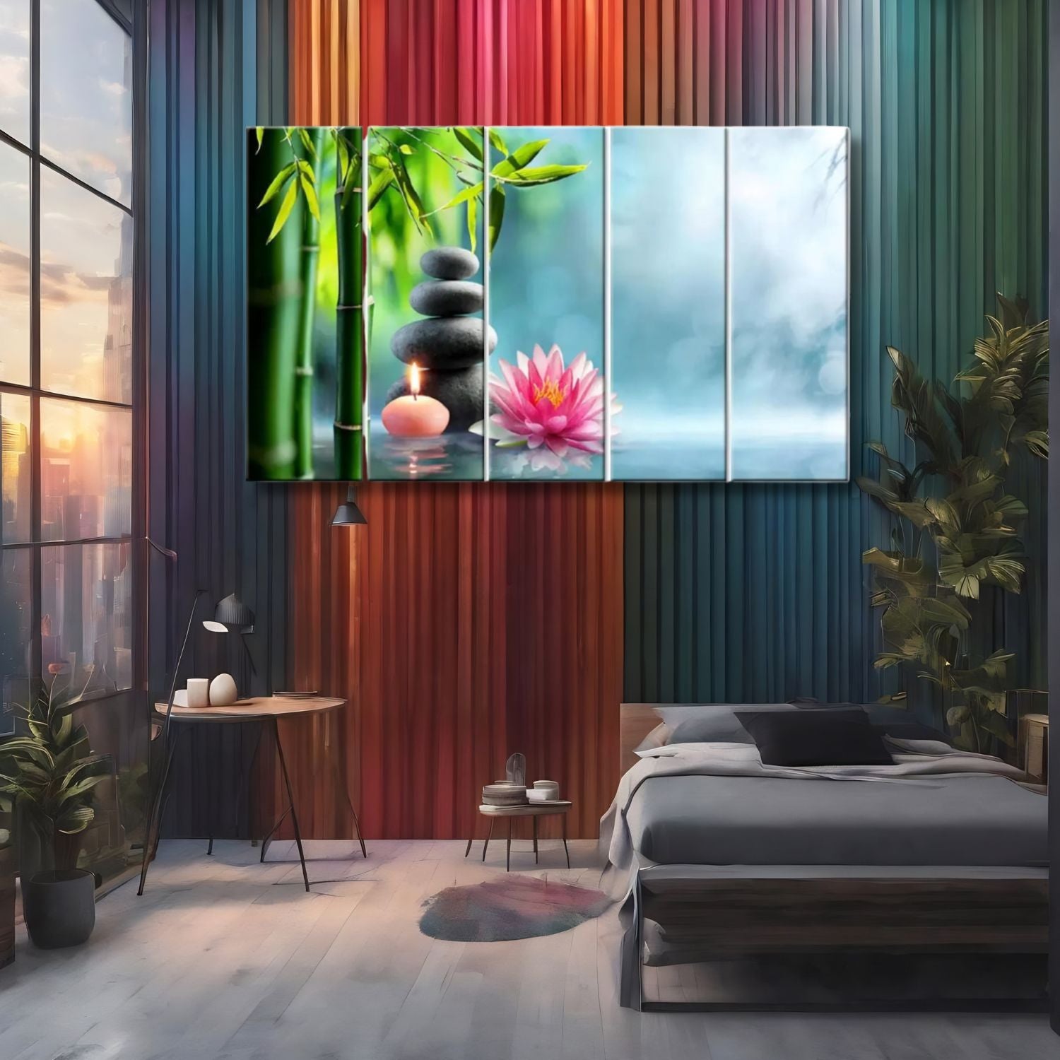 Beautiful Zen Bamboo Lotus Candle 5-Panel Canvas Wall Art Decor