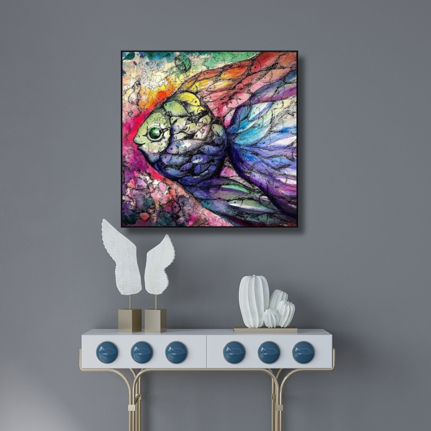 Vivid Aquatic Dreams - Abstract Colorful Fish Canvas Wall Art With Frame