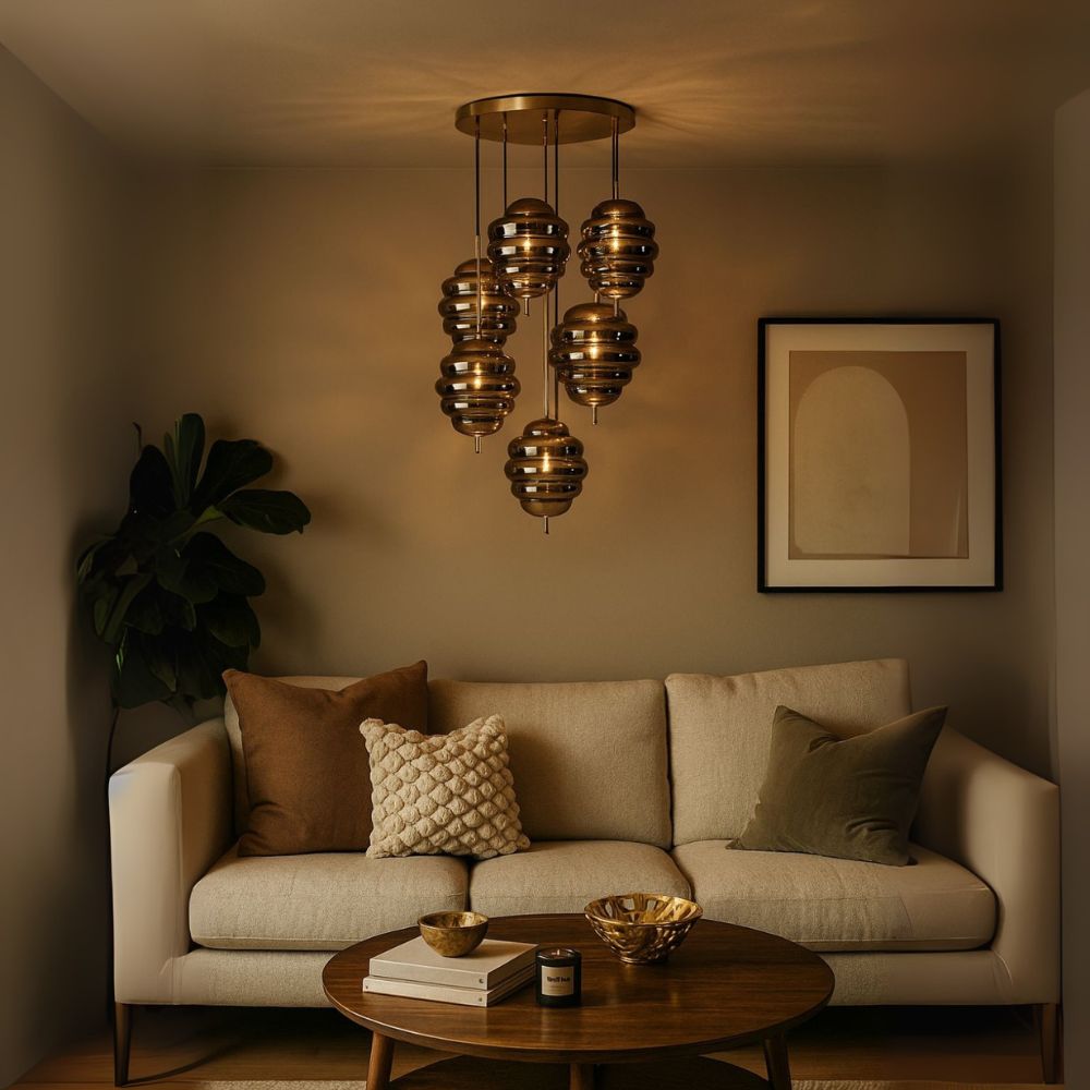 Elegant Modern Ceiling Light - Antique Gold With Amber/Smoke Grey Glass Chandelier