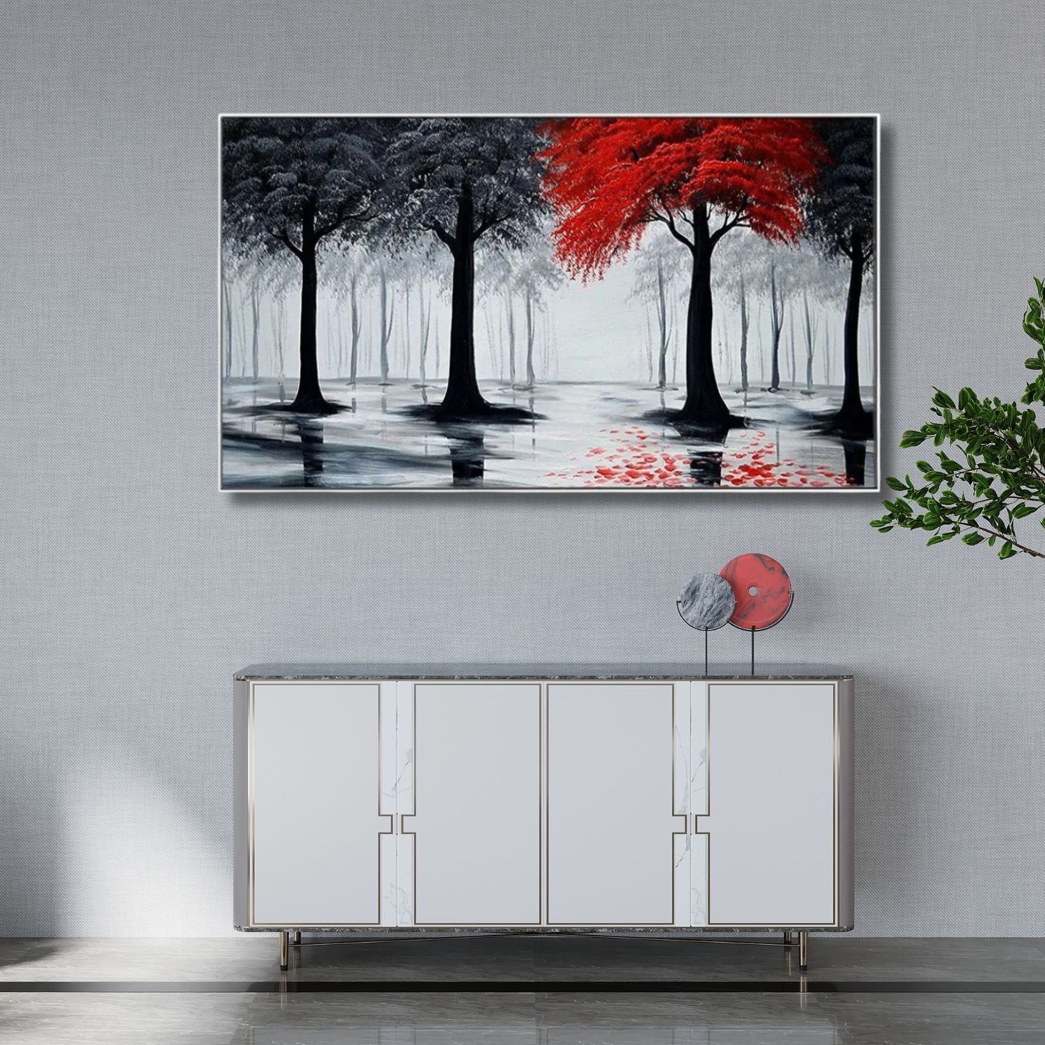 Charming Abstract Crimson & Ebony Forest Canvas Wall Art Decor