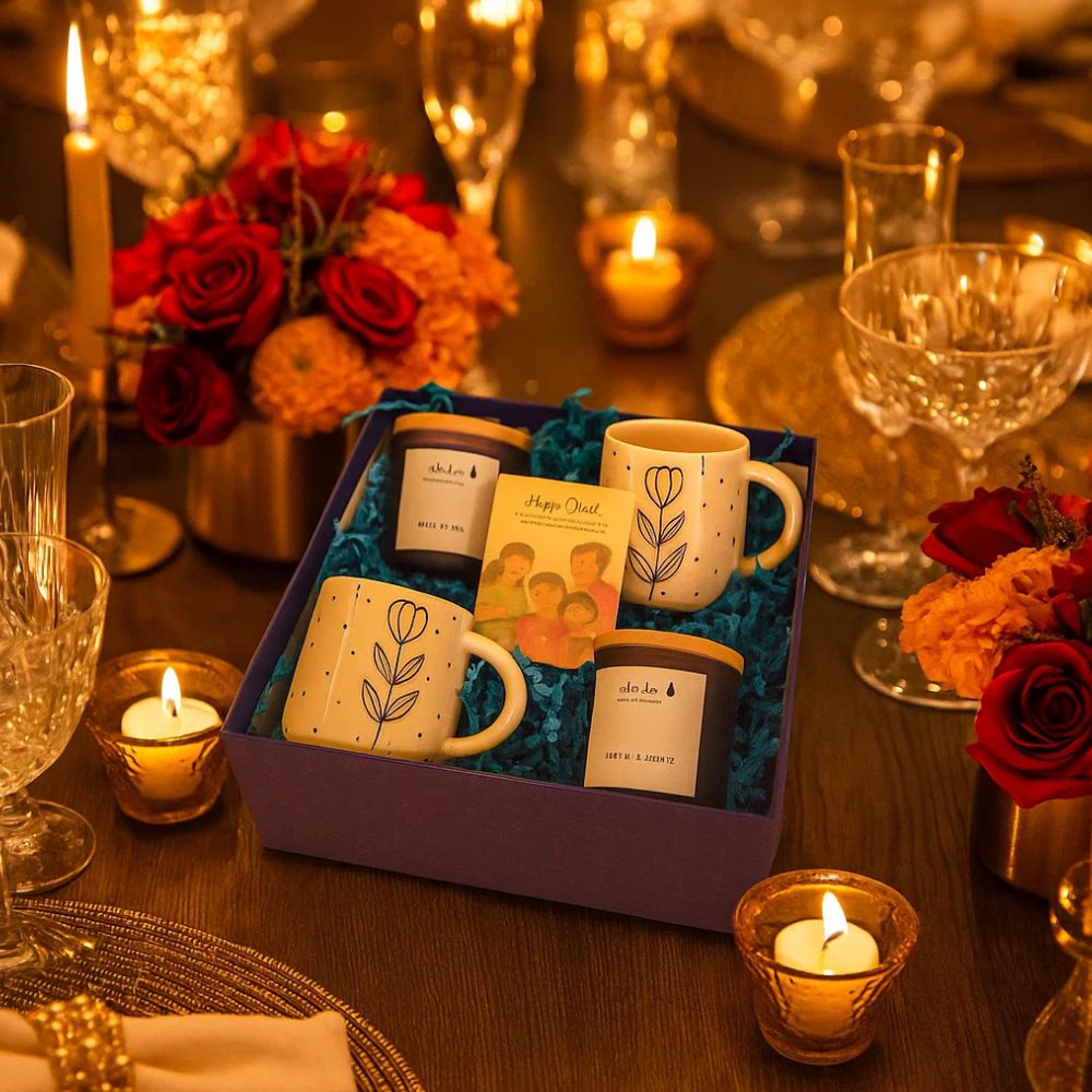 Sips & Sparks Diwali Gift Box With Hand-Painted Mugs & Scented Candles