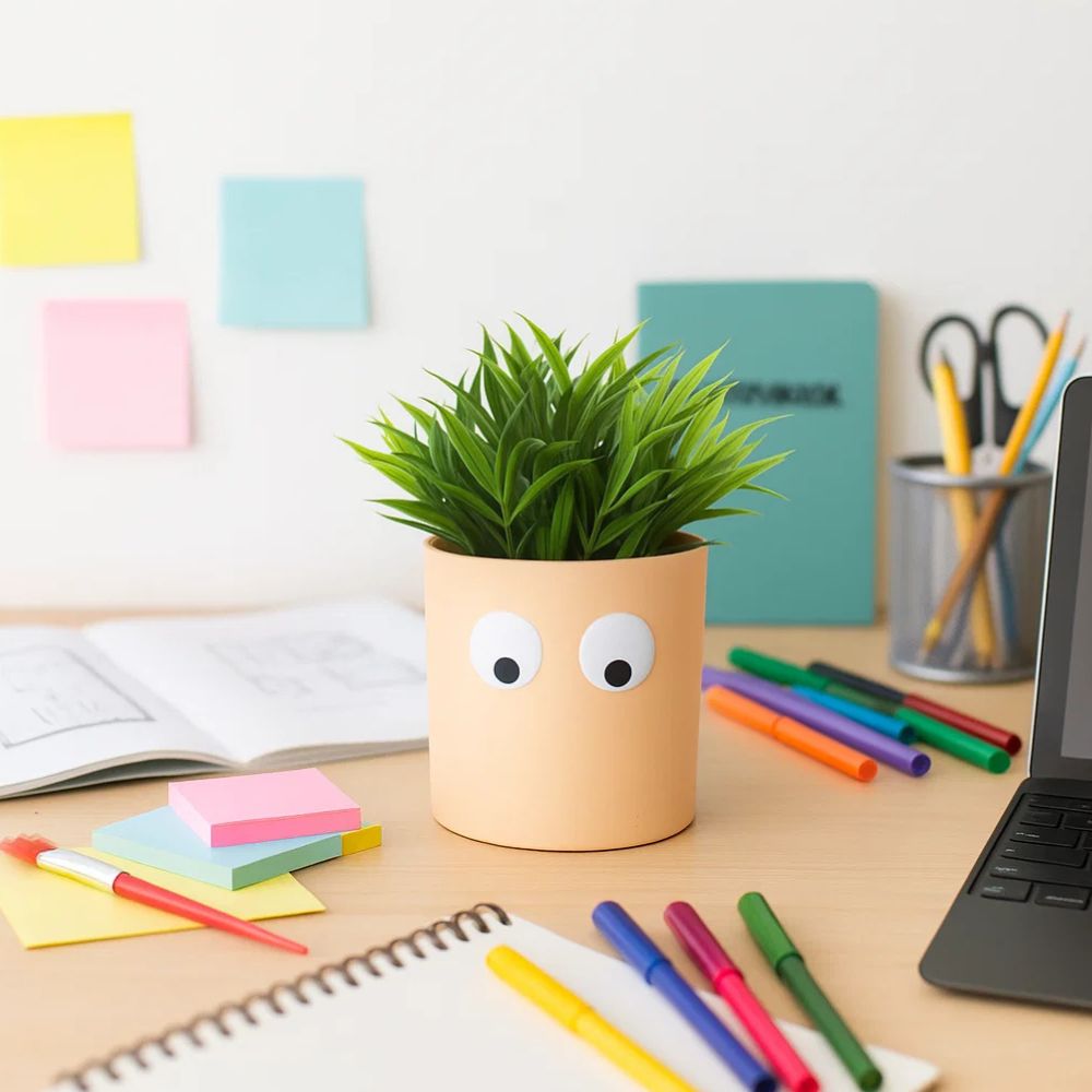 Face of Green Ceramic Planter With Playful Eye Design
