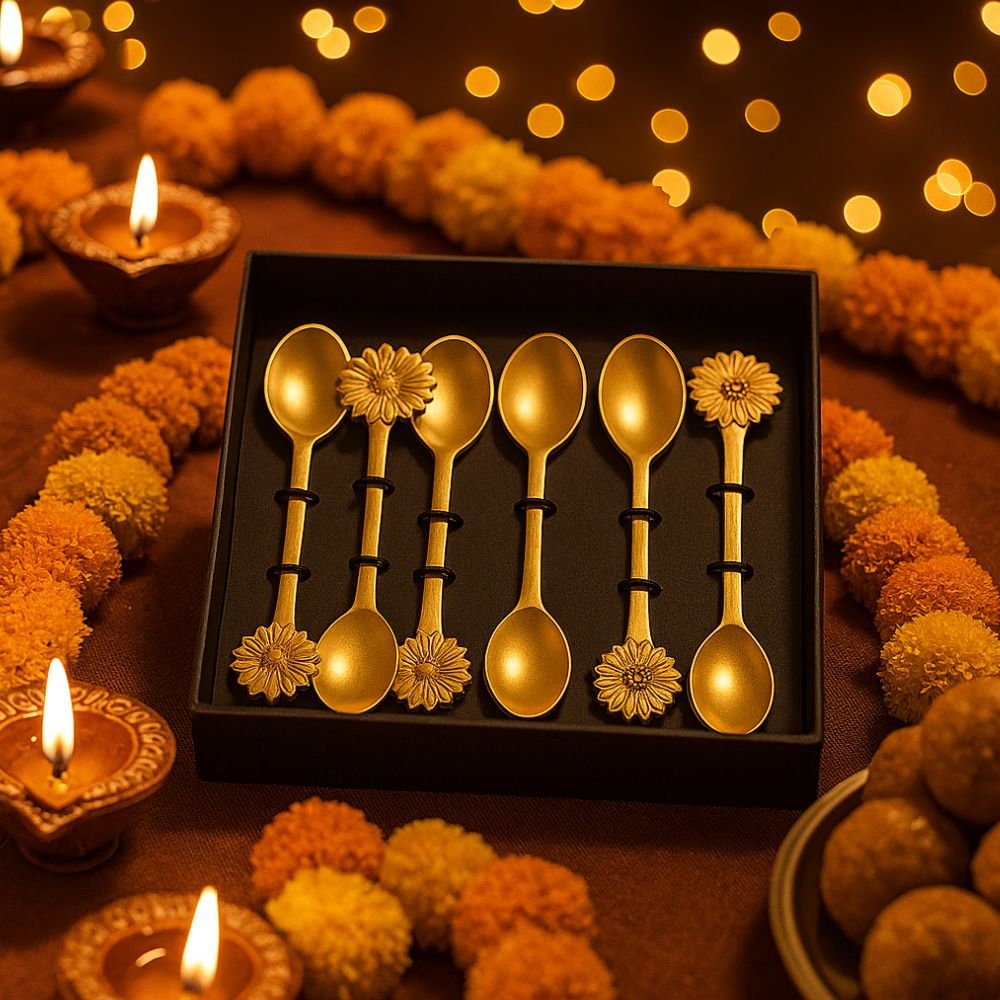 Classic Brass Cutlery Set With Floral Handles - Set of 6