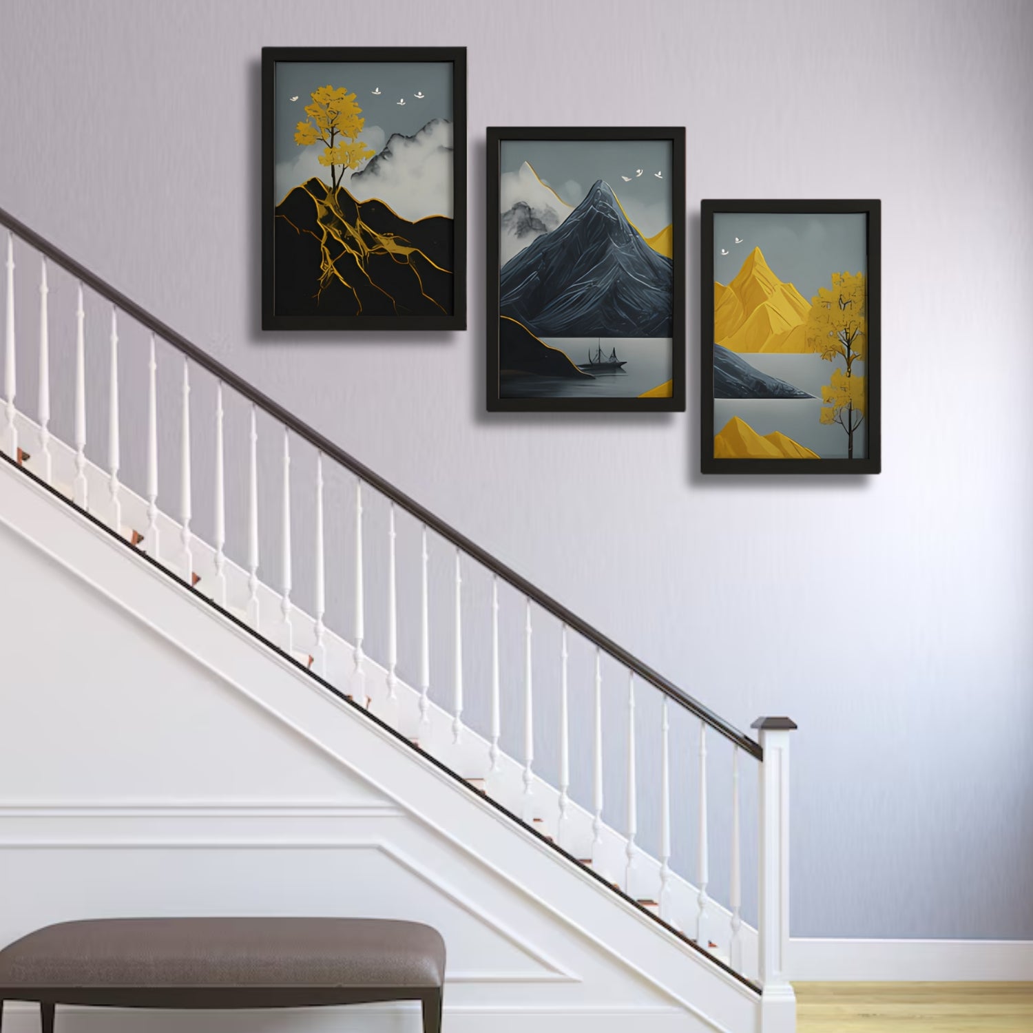 Abstract Golden Mountain Landscape Wall Art Set - 3 Framed Nature-Inspired Prints