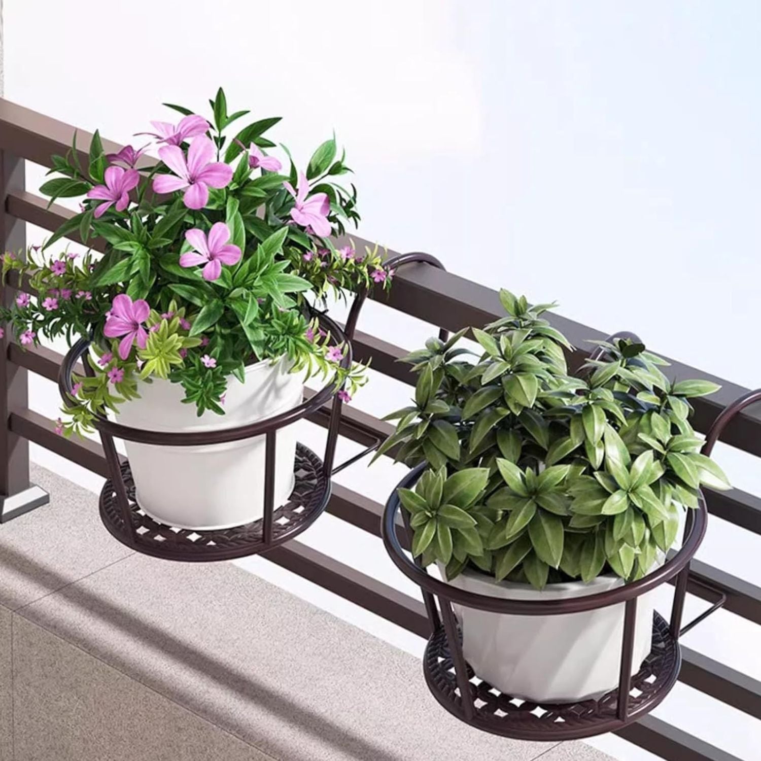 Handcrafted Metal Balcony Railing Plant Stand - Round Pot Holder for Outdoor Decor (Set of 3)