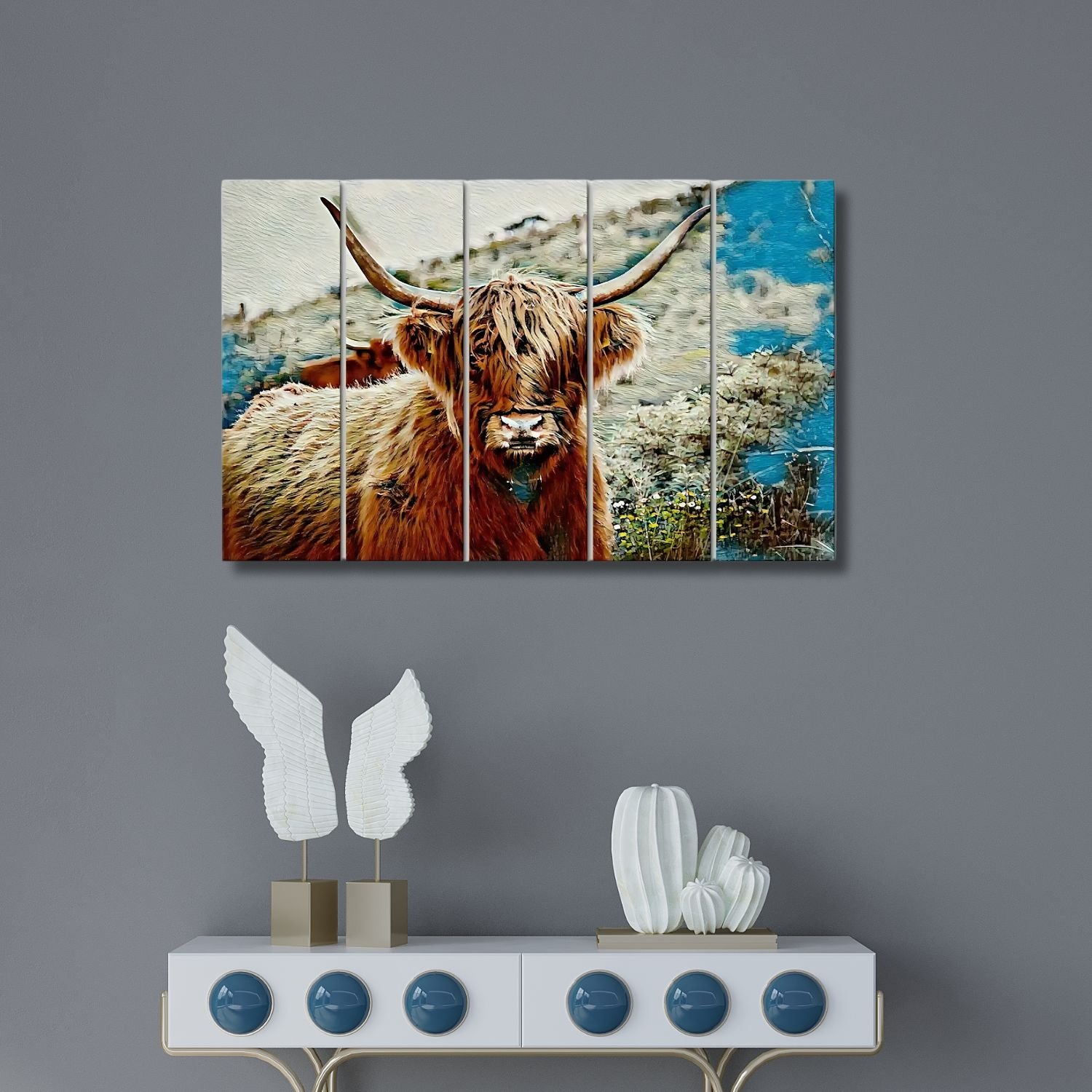 Abstract Hairy Bull Rustic Landscape Multi Panel Canvas Wall Art
