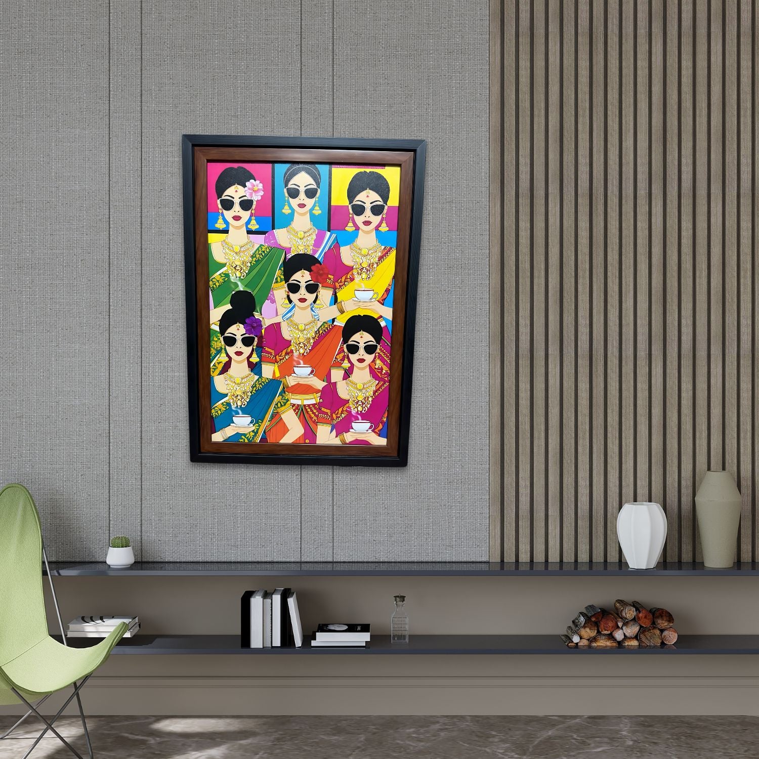 Elegant South Indian Women Pop Art Painting With Frame For Wall Decor