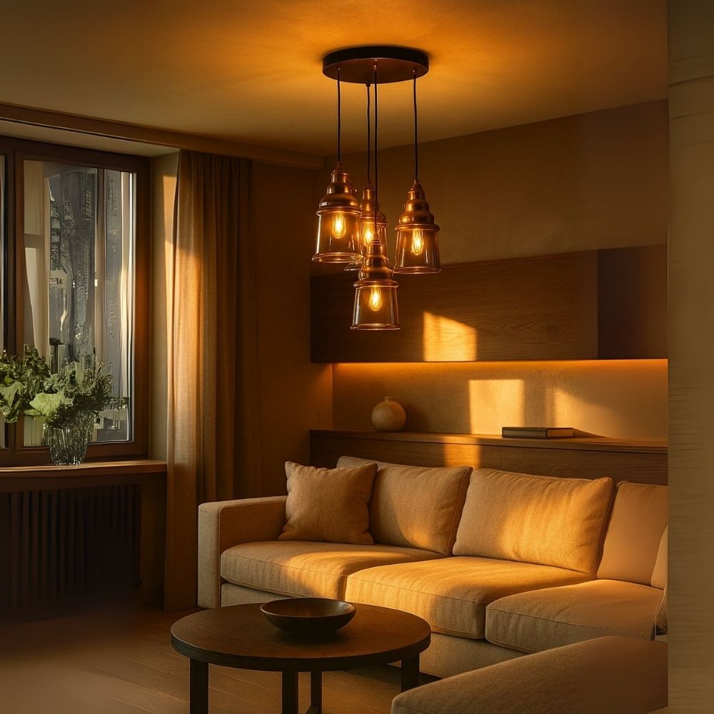 Luxury 4-Light Ceiling Pendant - Antique Gold With Smoke Grey/Amber Glass Chandelier