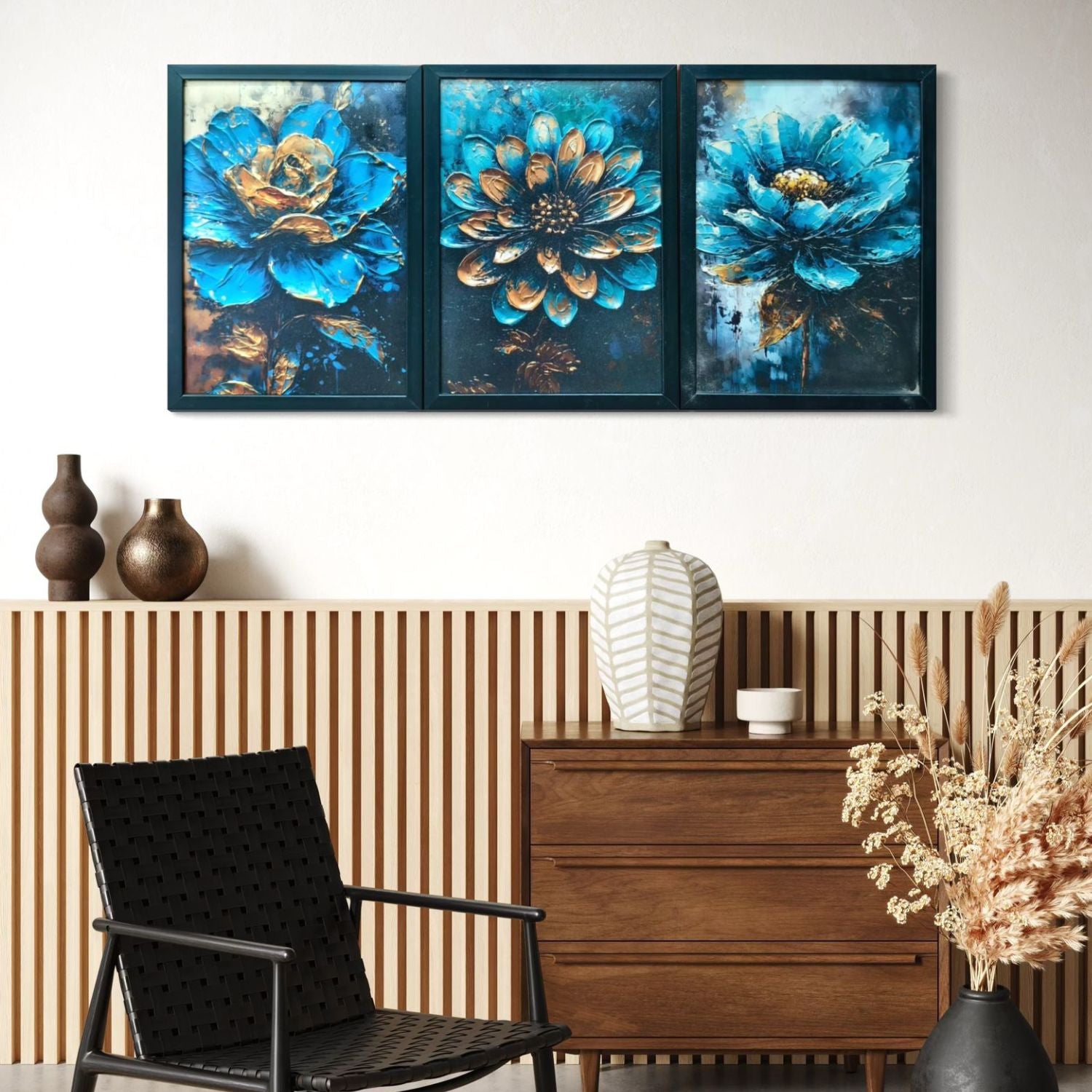 Beautiful Modern Bold Blue and Gold Floral Canvas Wall Art Set of 3