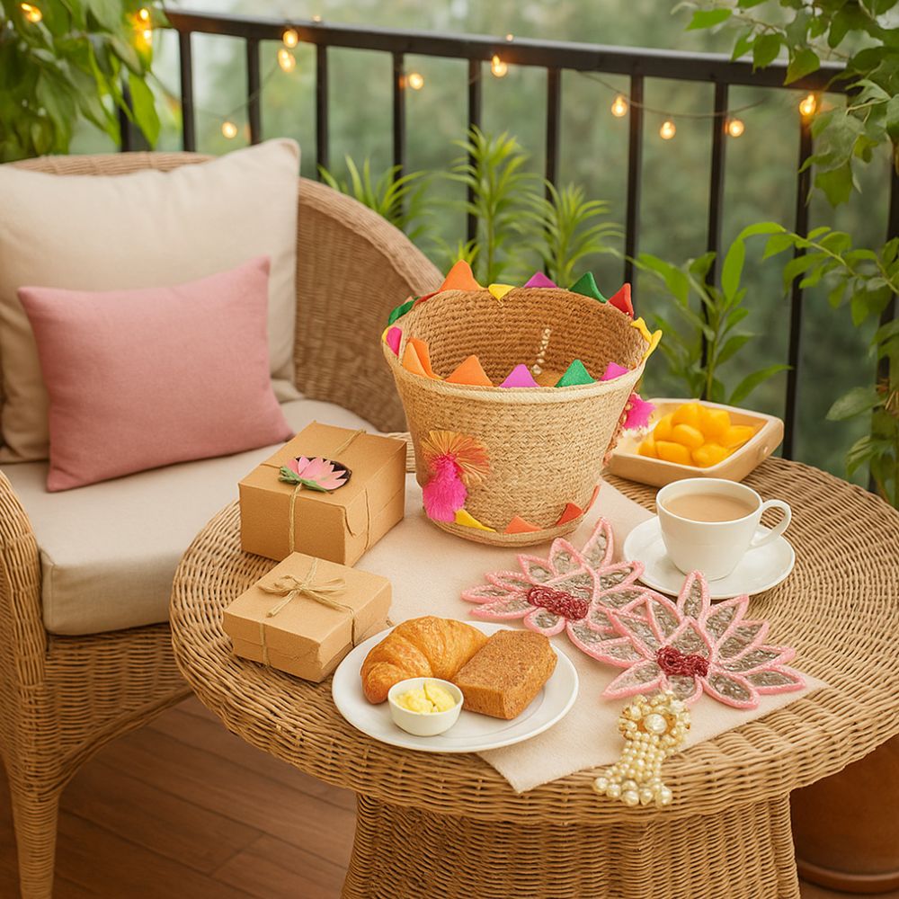 Fragrant Threads Mini Hamper With Jute Basket & Festive Decor