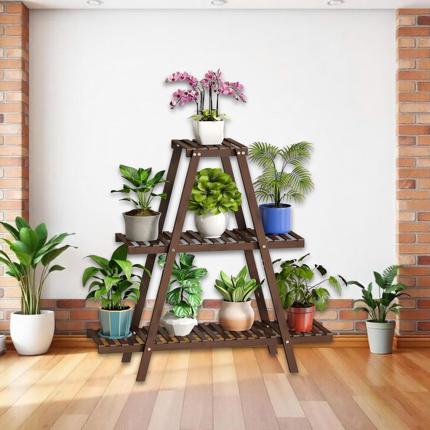 Elegant Wooden Triangular Multi-Tier Plant Stand For Indoor Outdoor Display