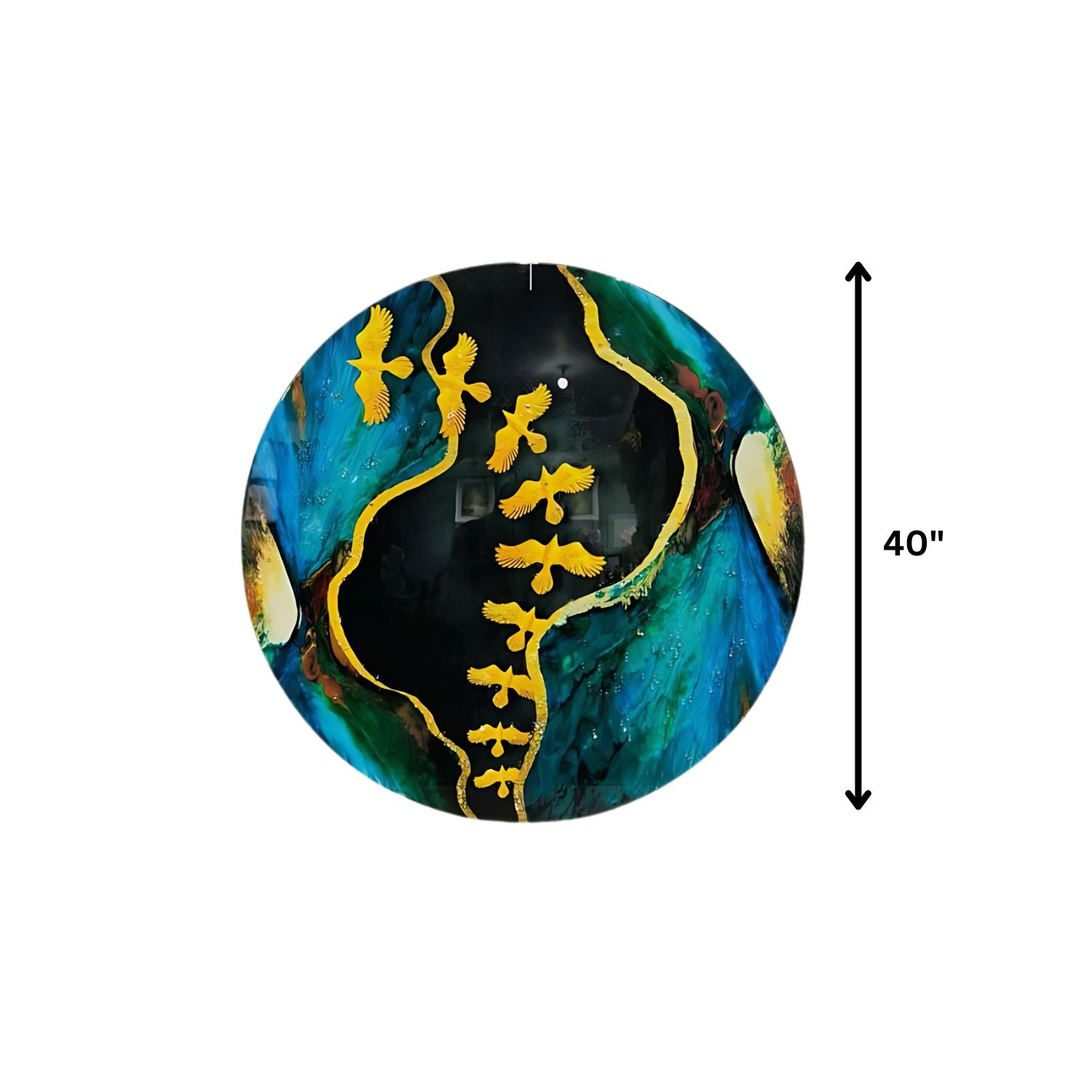 Abstract Round Wall Art With Golden Birds and Blue Tones