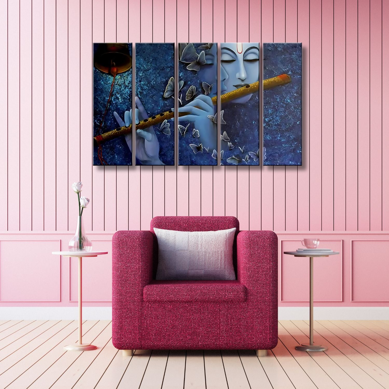 Lord Krishna Flute Playing Canvas Painting With Butterfly Design