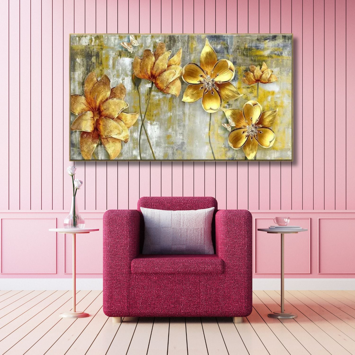Elegant Golden Floral Canvas Wall Art With Abstract Charm
