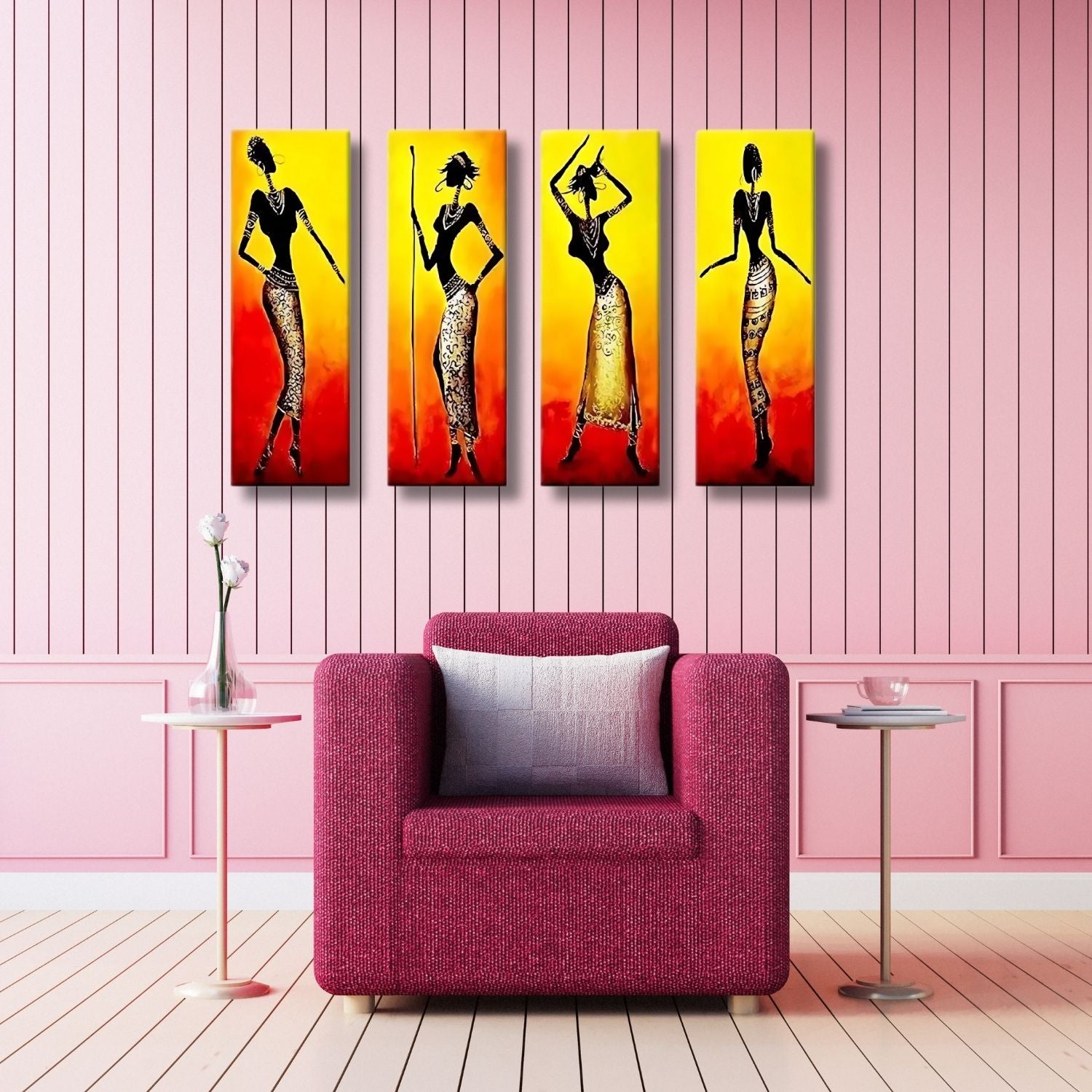Vibrant African Tribal Women 4-Panel Canvas Wall Painting