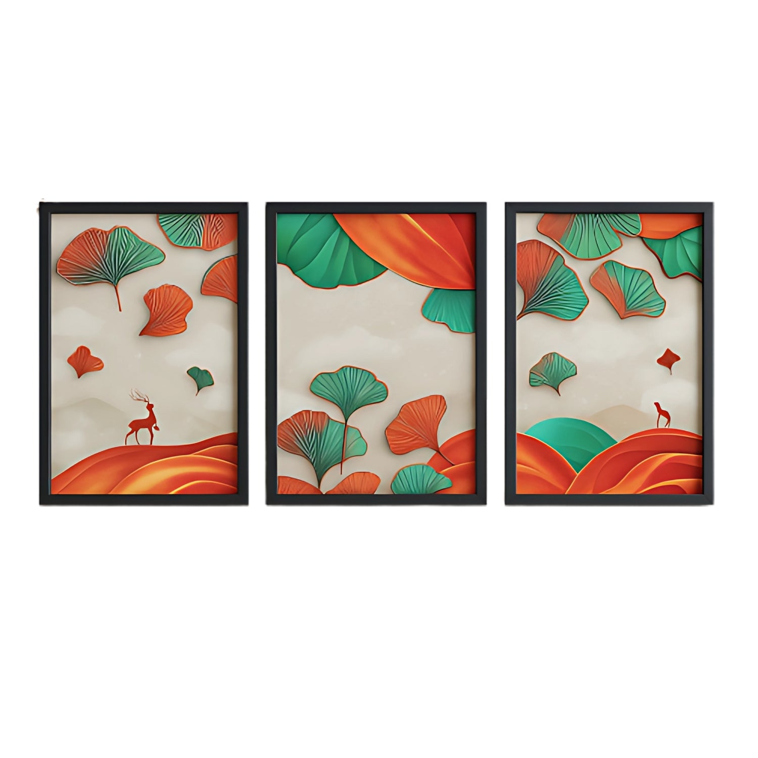 Abstract Colorful Ginkgo Leaf and Deer Canvas Wall Art Set of 3