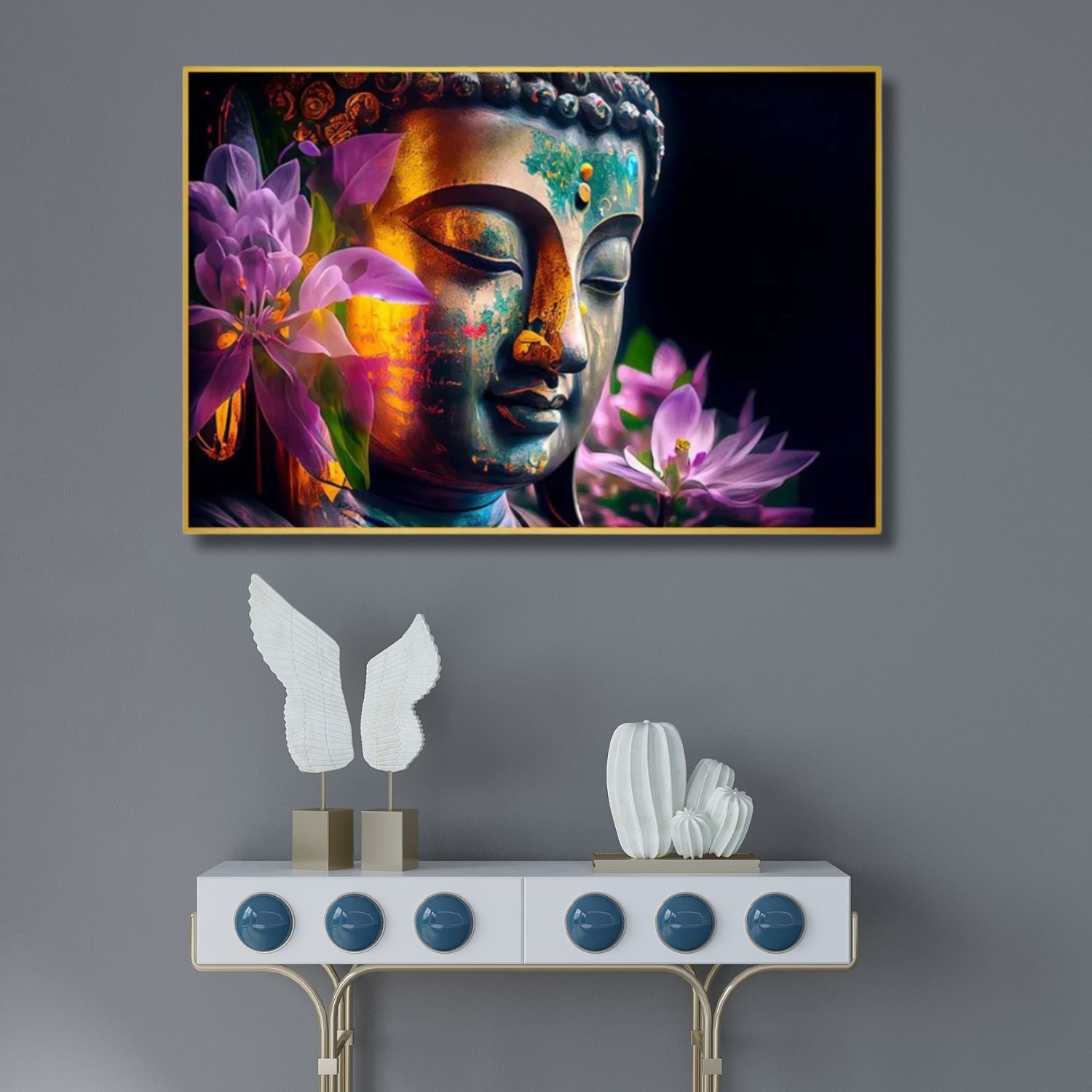 Serene Buddha Portrait With Blossoming Flowers Canvas Wall Art