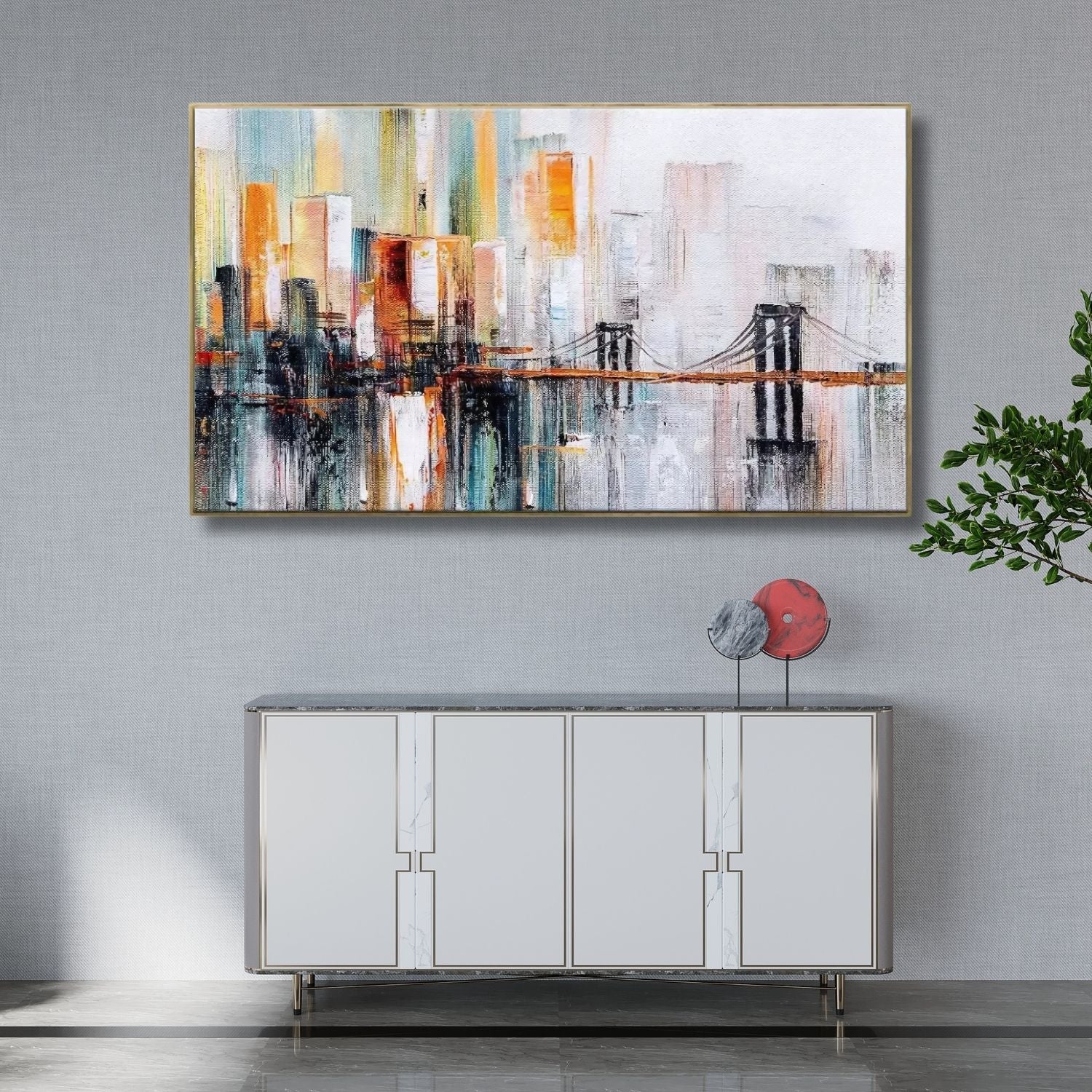Elegant Abstract Golden Bridge Cityscape Canvas Art For Decor