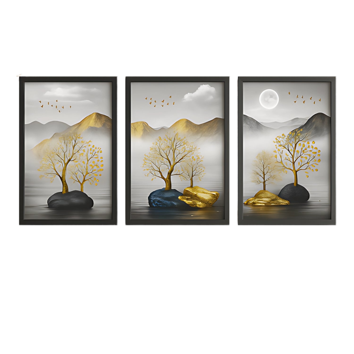 Elegant Golden Tree Landscape Canvas Wall Art Set With Mountain View